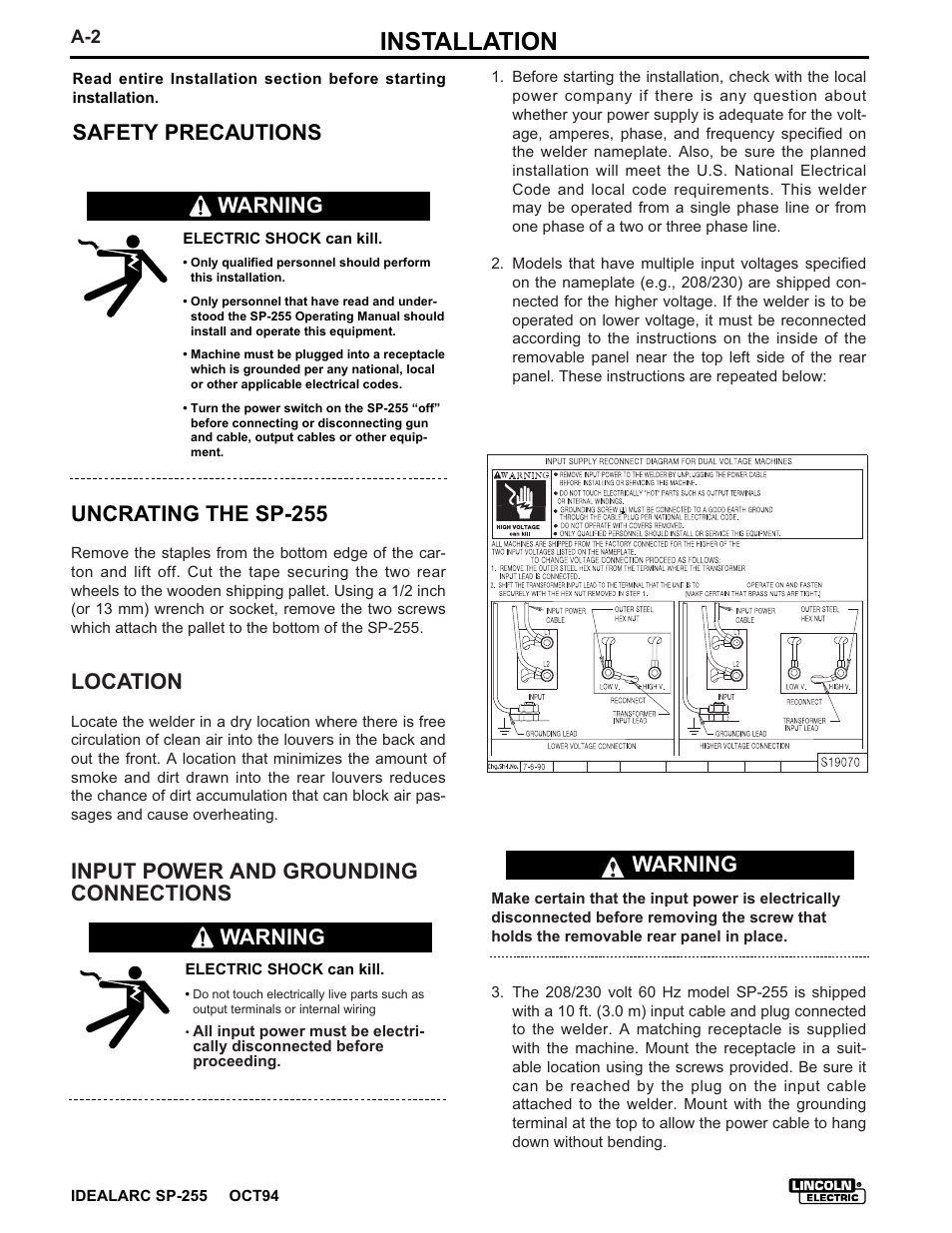 Installation, Safety precautions uncrating the sp-255, Location | Input power and grounding connections, Warning | Lincoln Electric IM533 IDEALARC SP-255 User Manual | Page 10 / 53