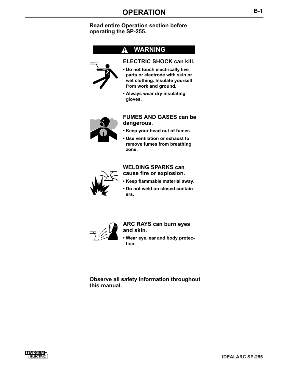 Operation, Warning | Lincoln Electric IM533 IDEALARC SP-255 User Manual | Page 13 / 53