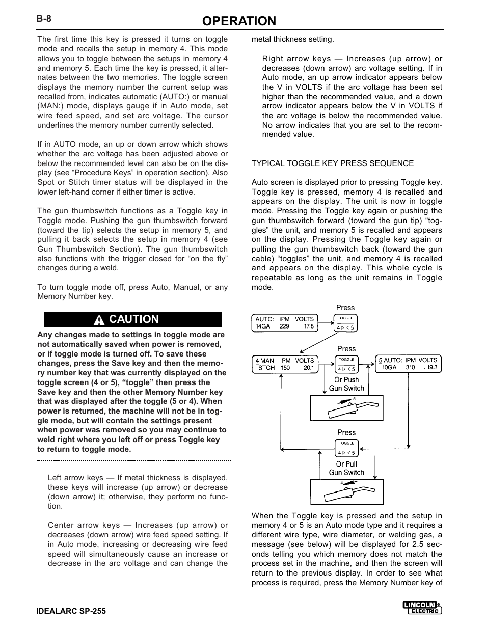 Operation, Caution | Lincoln Electric IM533 IDEALARC SP-255 User Manual | Page 20 / 53