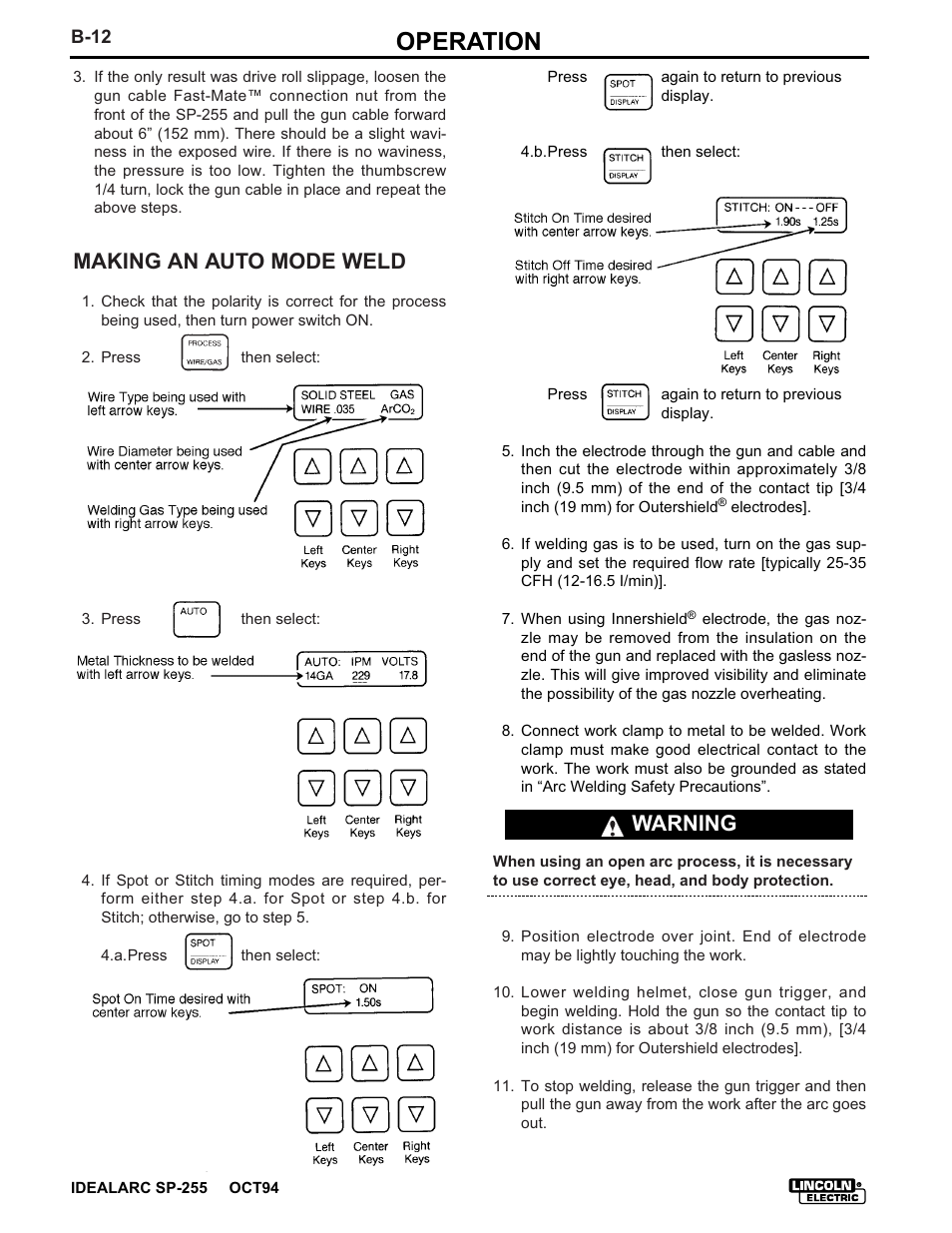 Operation, Making an auto mode weld, Warning | Lincoln Electric IM533 IDEALARC SP-255 User Manual | Page 24 / 53