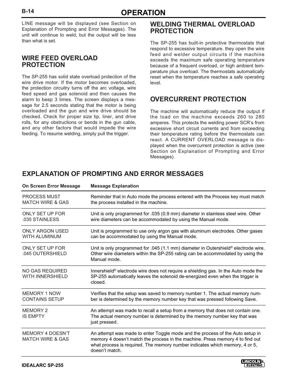 Operation, Explanation of prompting and error messages, Wire feed overload protection | Welding thermal overload protection, Overcurrent protection | Lincoln Electric IM533 IDEALARC SP-255 User Manual | Page 26 / 53