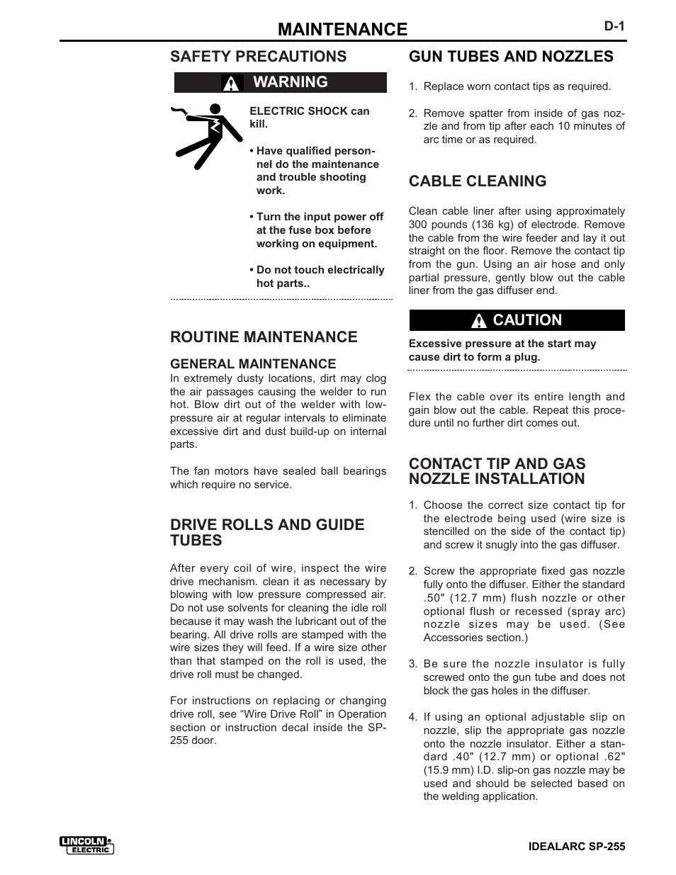 Maintenance, Gun tubes and nozzles, Cable cleaning | Contact tip and gas nozzle installation, Safety precautions, Routine maintenance, Drive rolls and guide tubes, Warning caution | Lincoln Electric IM533 IDEALARC SP-255 User Manual | Page 33 / 53