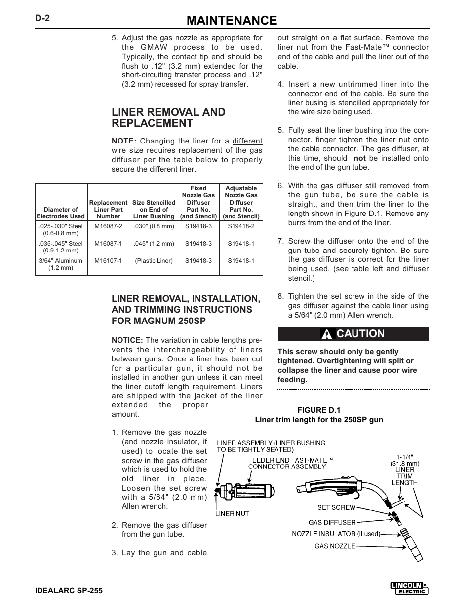 Maintenance, Liner removal and replacement, Caution | Lincoln Electric IM533 IDEALARC SP-255 User Manual | Page 34 / 53