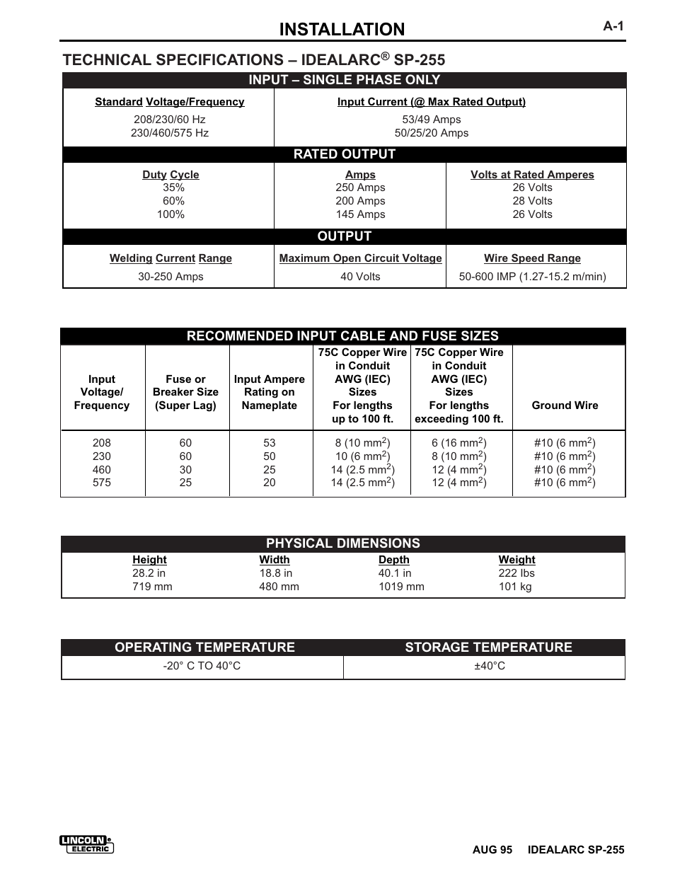 Installation, Technical specifications – idealarc, Sp-255 | Lincoln Electric IM533 IDEALARC SP-255 User Manual | Page 9 / 53