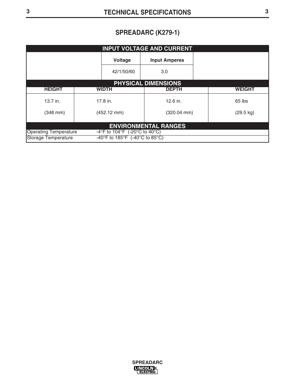 Technical specifications, Spreadarc (k279-1) | Lincoln Electric IM896 SPREADARC User Manual | Page 10 / 23