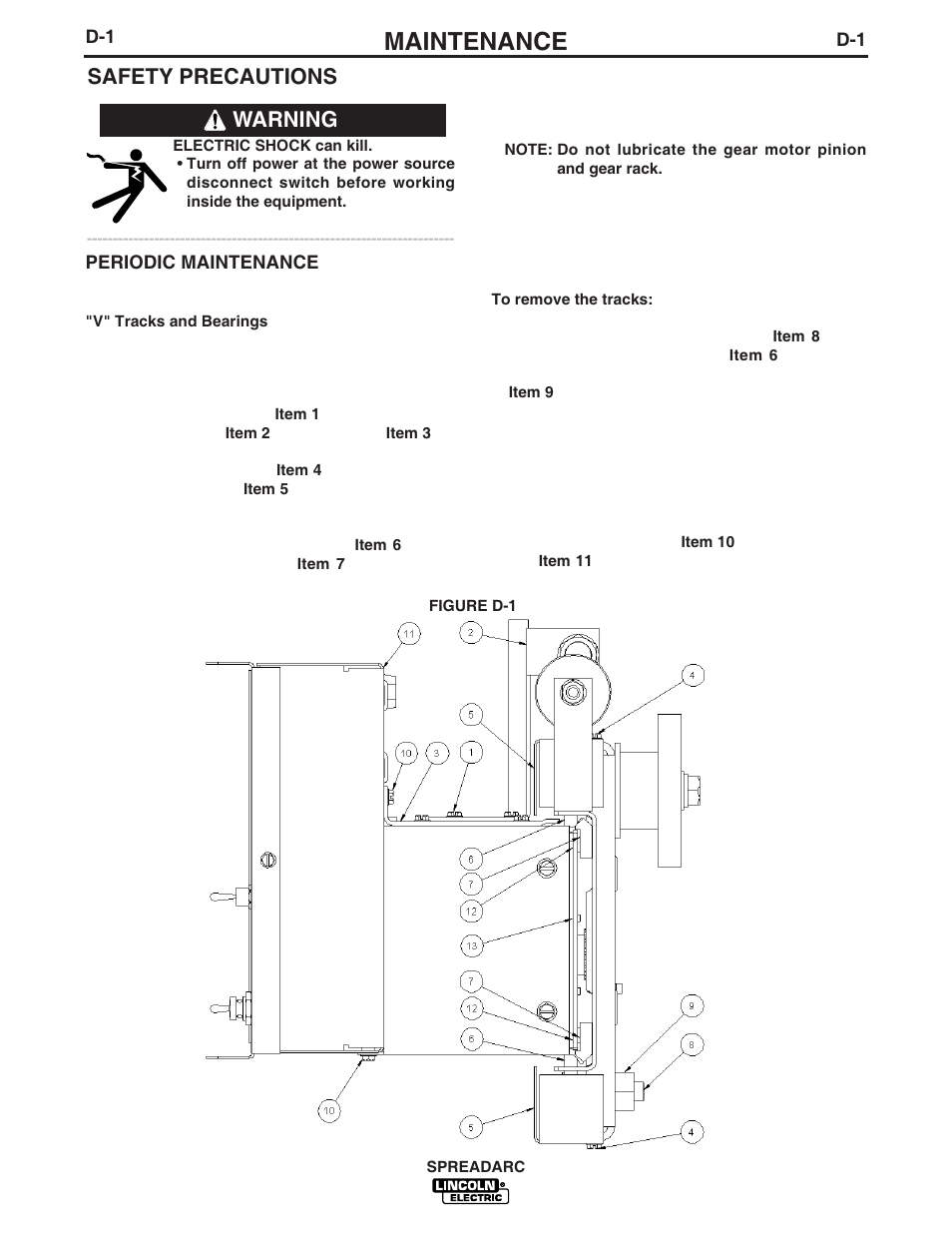 Maintenance, Safety precautions, Warning | Lincoln Electric IM896 SPREADARC User Manual | Page 17 / 23