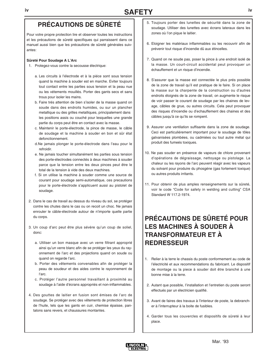Safety, Précautions de sûreté | Lincoln Electric IM896 SPREADARC User Manual | Page 5 / 23