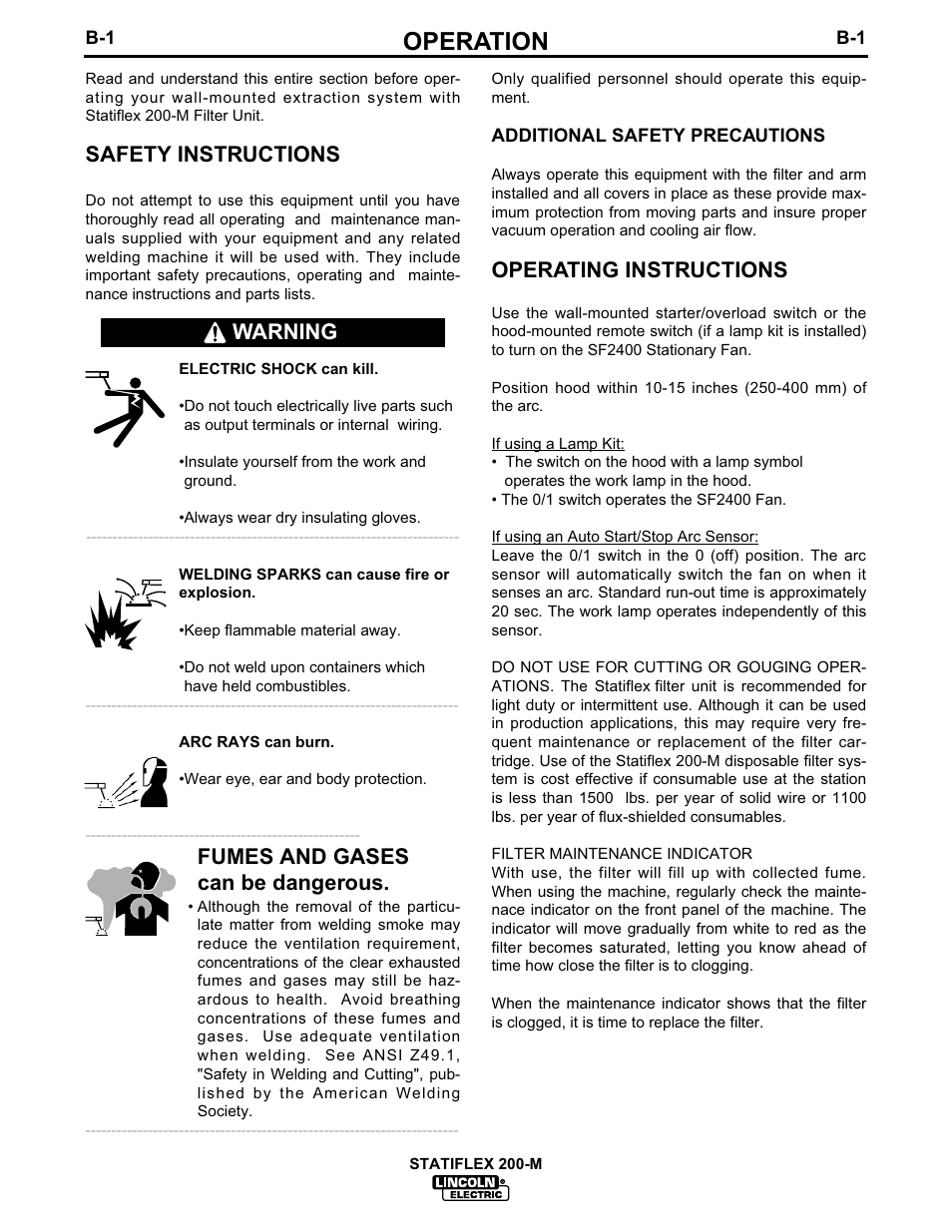 Operation, Safety instructions, Fumes and gases can be dangerous | Operating instructions, Warning | Lincoln Electric IM625 Statiflex 200-M K1654-1 User Manual | Page 11 / 19