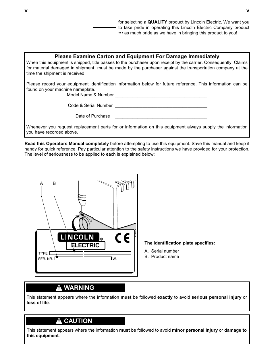 Warning, Caution | Lincoln Electric IM625 Statiflex 200-M K1654-1 User Manual | Page 6 / 19