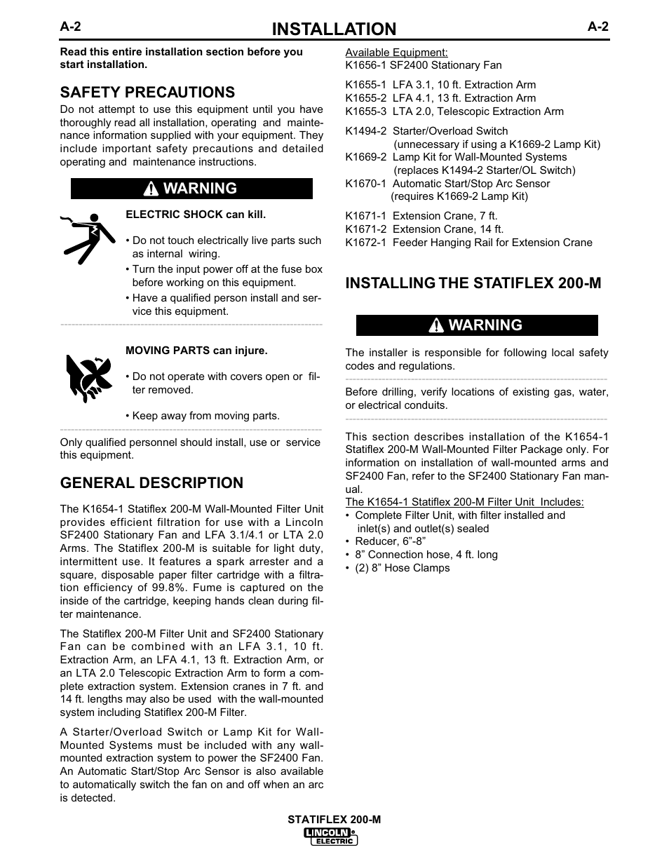 Installation, Installing the statiflex 200-m, Safety precautions | General description, Warning | Lincoln Electric IM625 Statiflex 200-M K1654-1 User Manual | Page 9 / 19