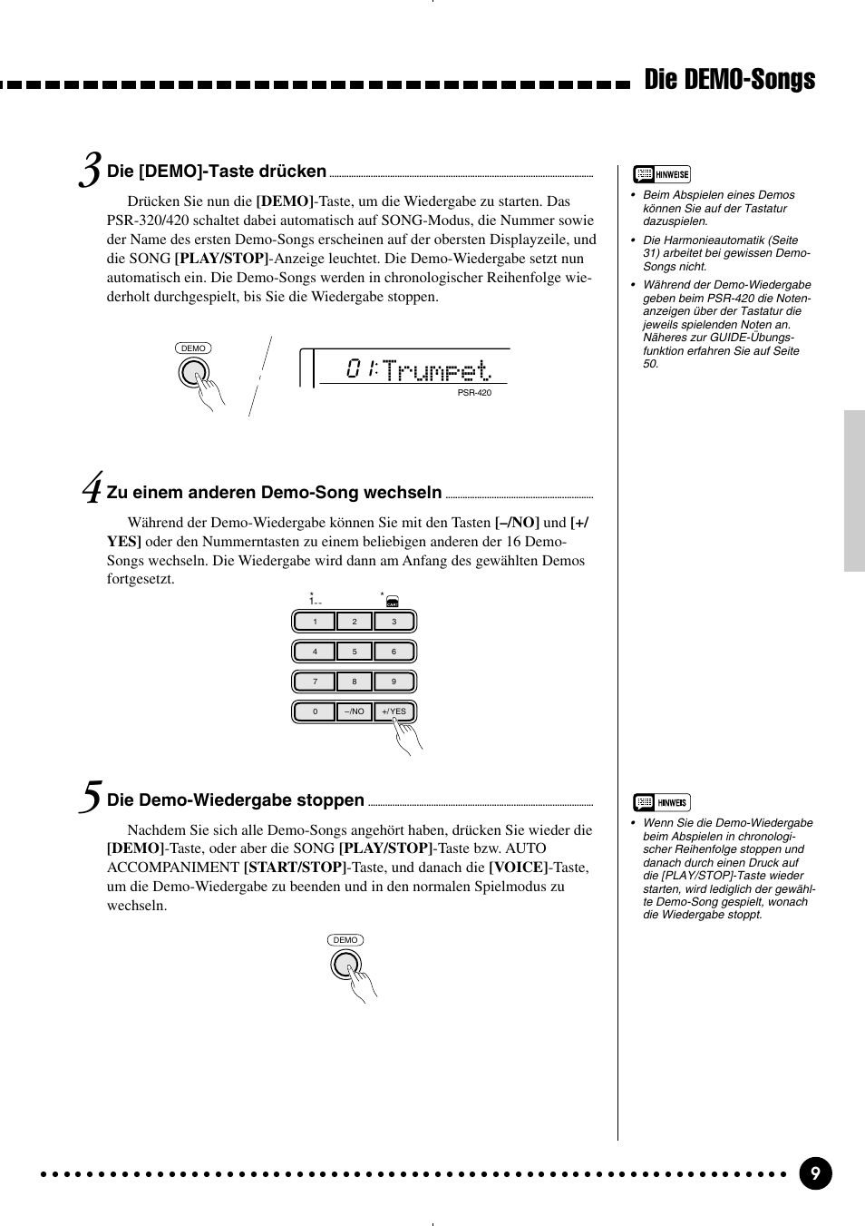 Die demo-songs, Trumpet, Die [demo]-taste drücken | Zu einem anderen demo-song wechseln, Die demo-wiedergabe stoppen | Yamaha PSR-320 User Manual | Page 11 / 75
