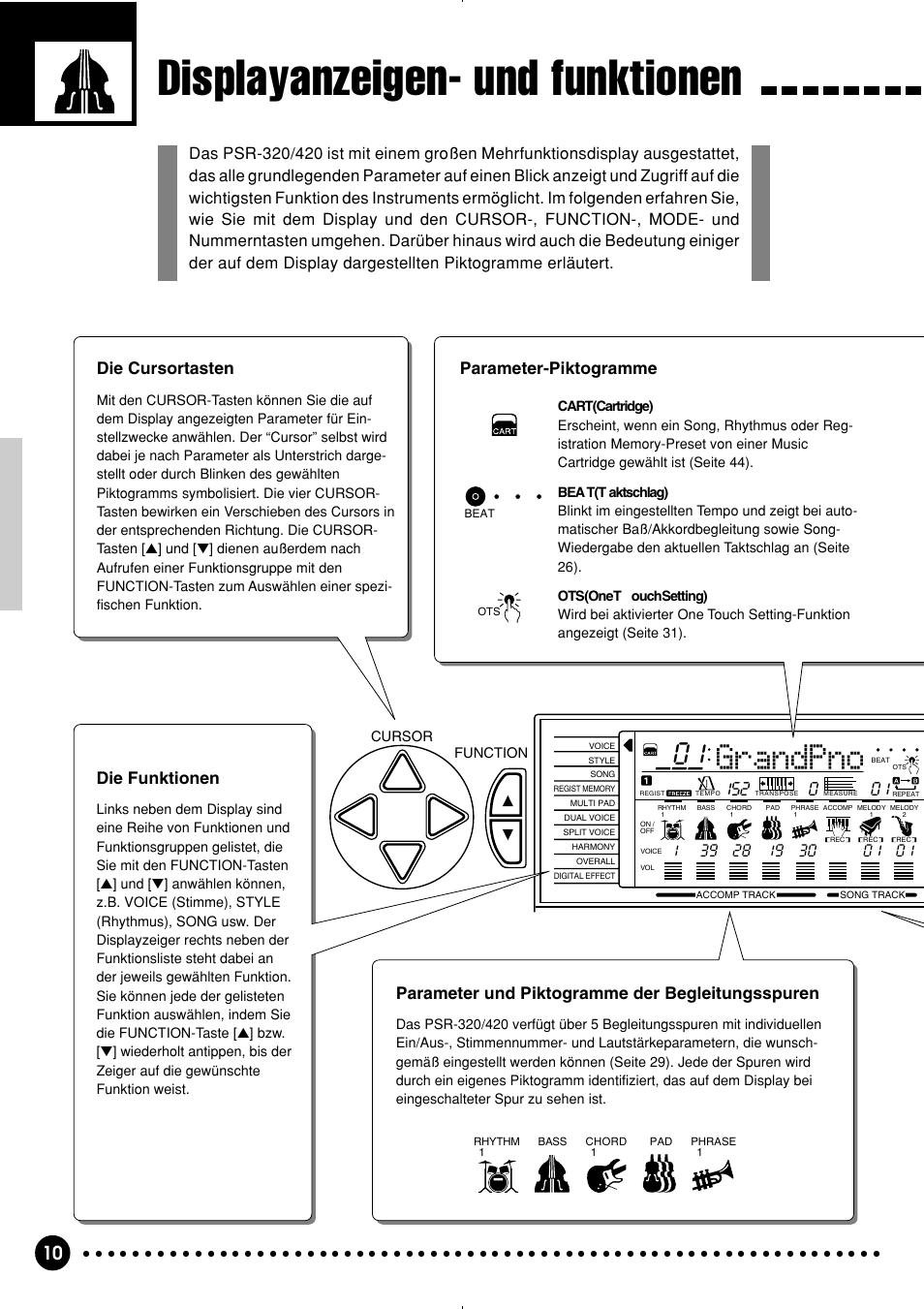 Displayanzeigen- und funktionen, Grandpno, Parameter und piktogramme der begleitungsspuren | Die funktionen, Die cursortasten, Parameter-piktogramme | Yamaha PSR-320 User Manual | Page 12 / 75