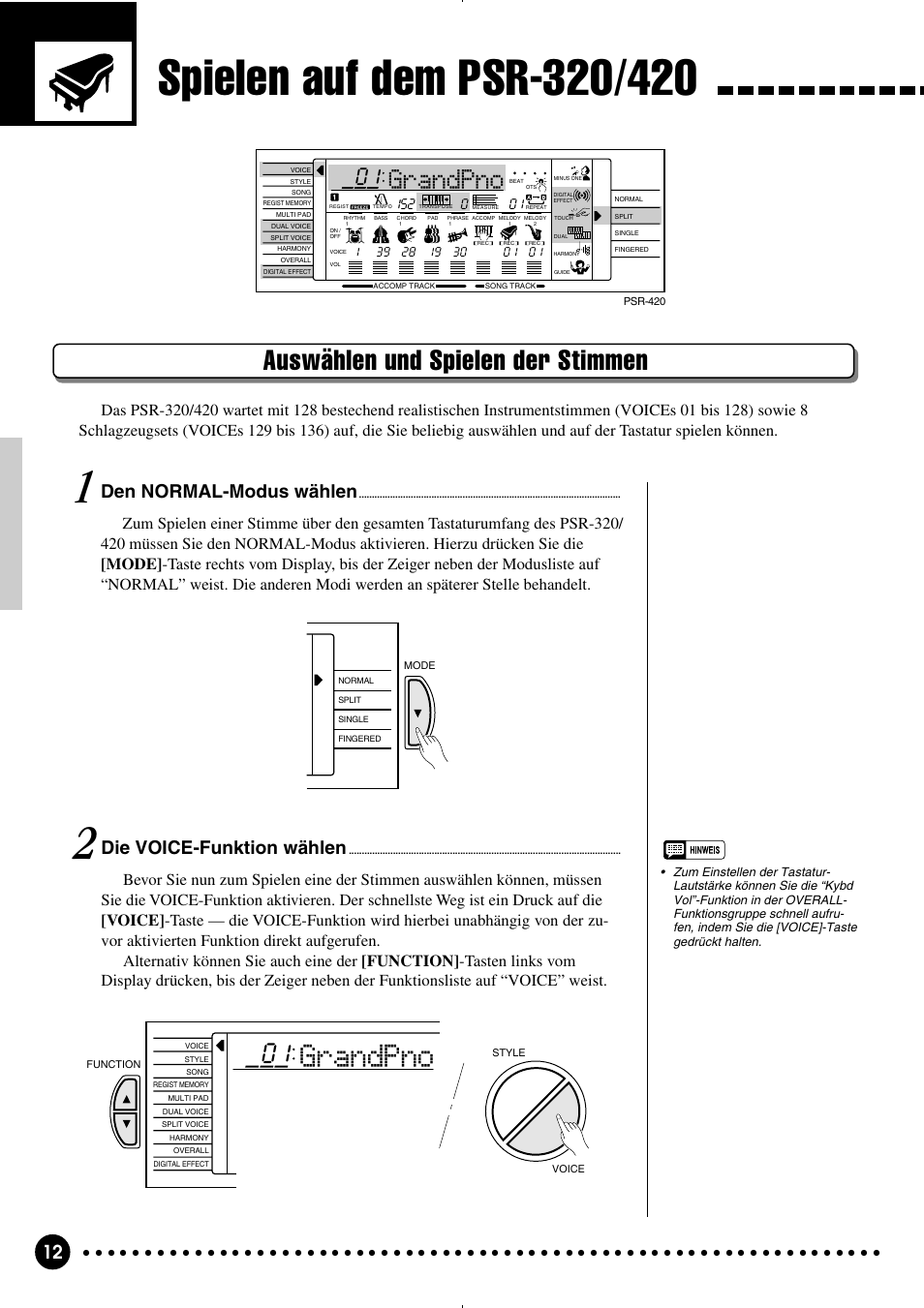 Auswählen und spielen der stimmen, Grandpno, Den normal-modus wählen | Die voice-funktion wählen | Yamaha PSR-320 User Manual | Page 14 / 75