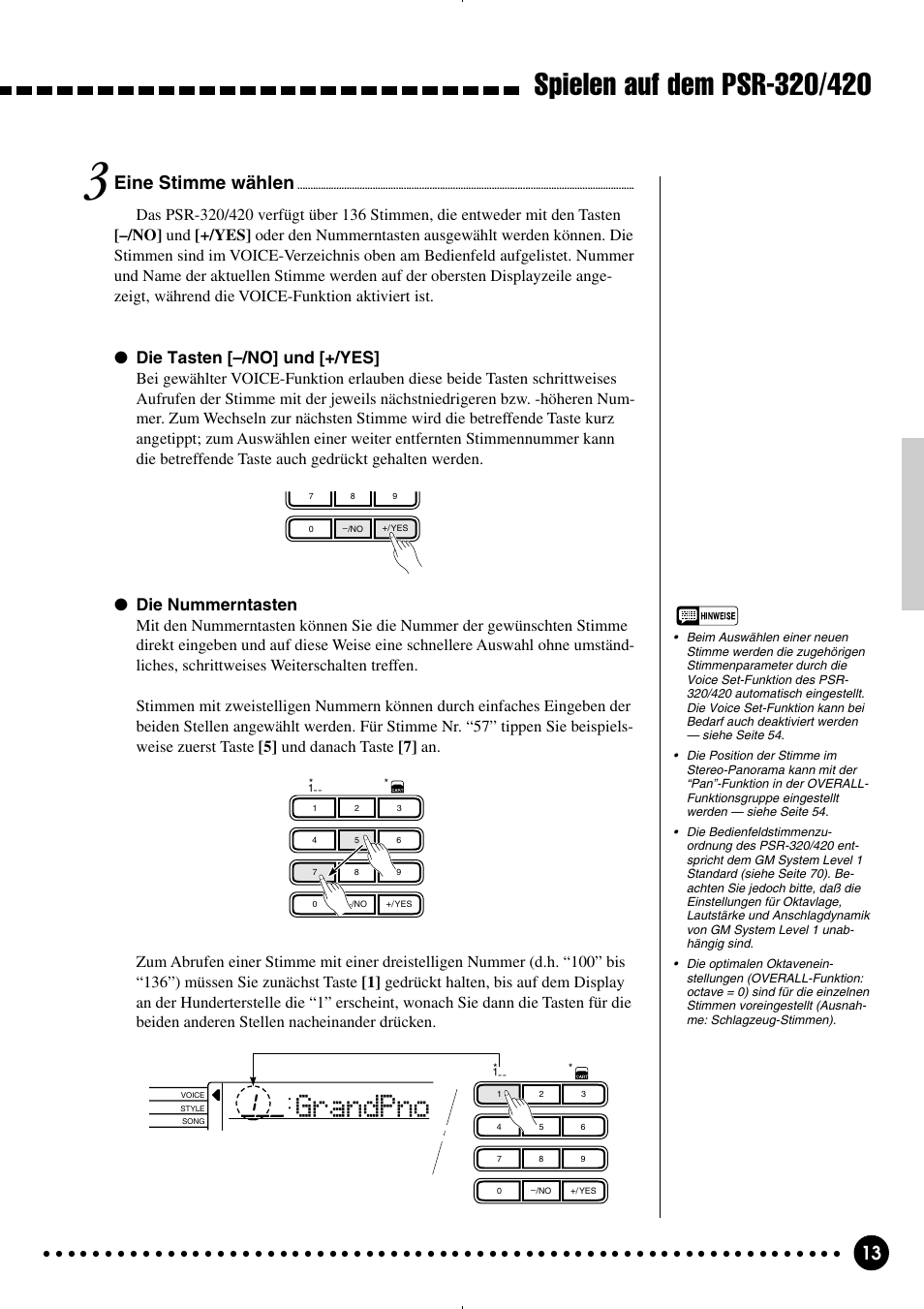 Grandpno, Eine stimme wählen, Die tasten [–/no] und [+/yes | Die nummerntasten | Yamaha PSR-320 User Manual | Page 15 / 75