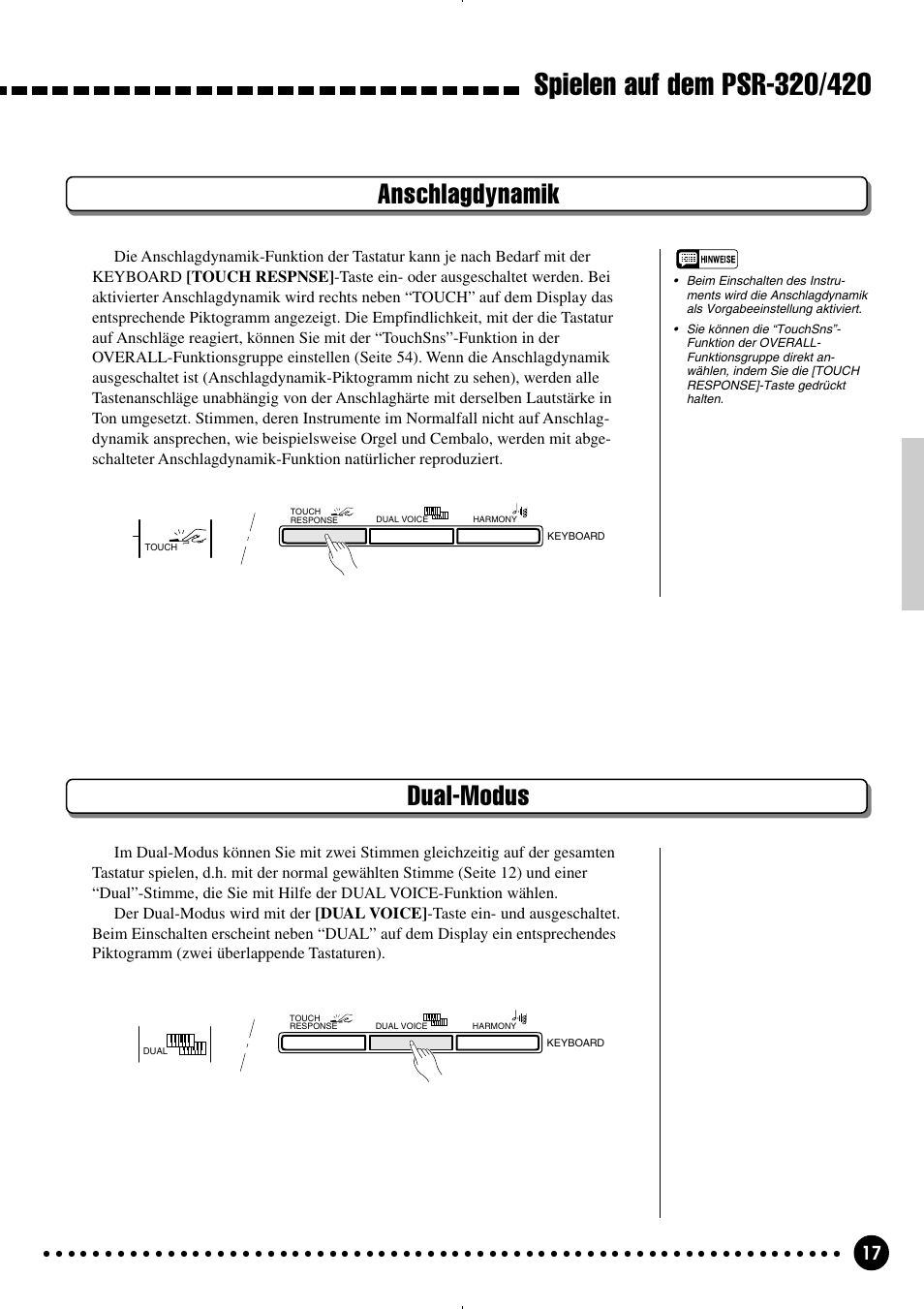 Anschlagdynamik, Dual-modus | Yamaha PSR-320 User Manual | Page 19 / 75