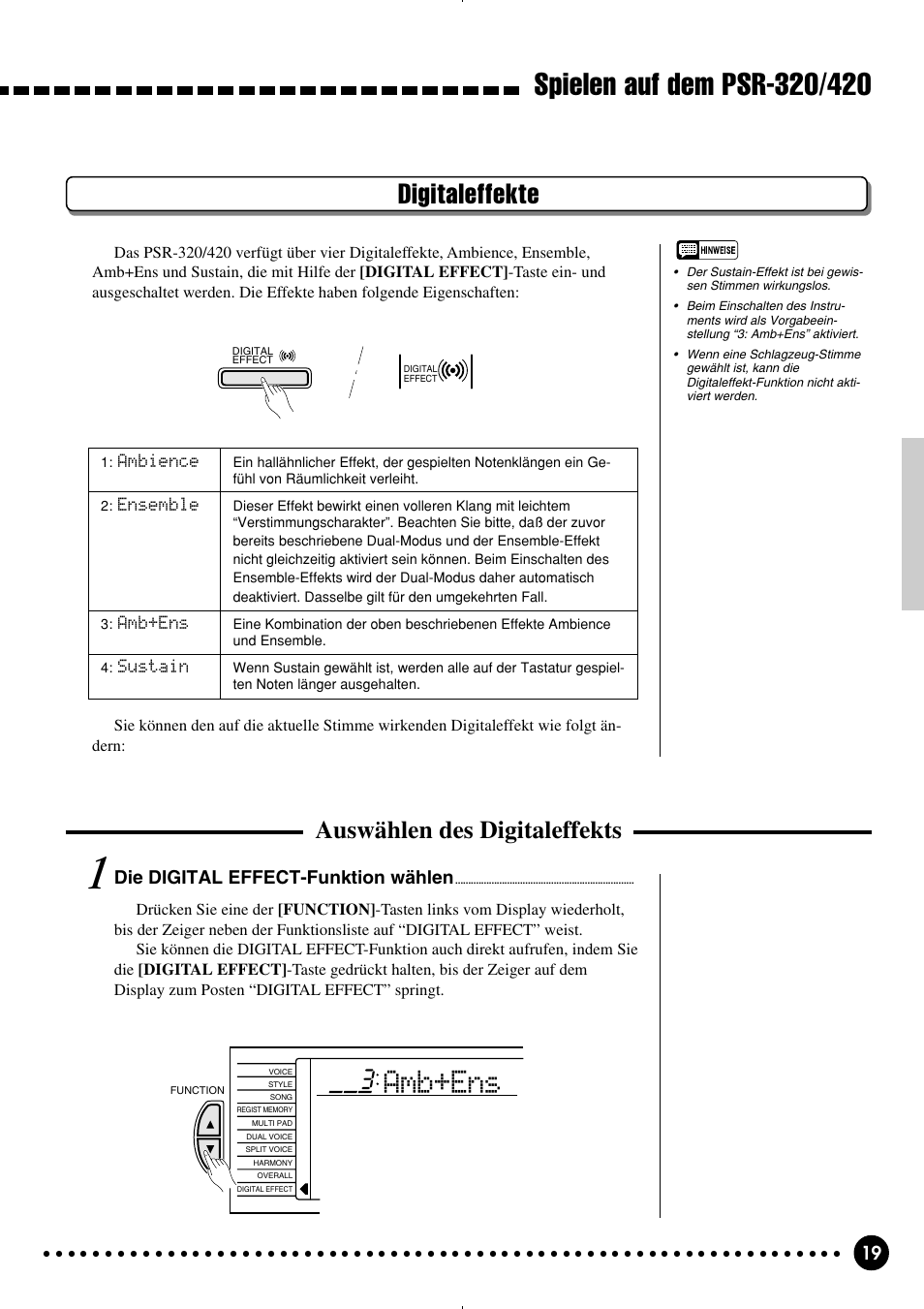 Amb+ens, Digitaleffekte, O0 3 | Auswählen des digitaleffekts, Die digital effect-funktion wählen | Yamaha PSR-320 User Manual | Page 21 / 75