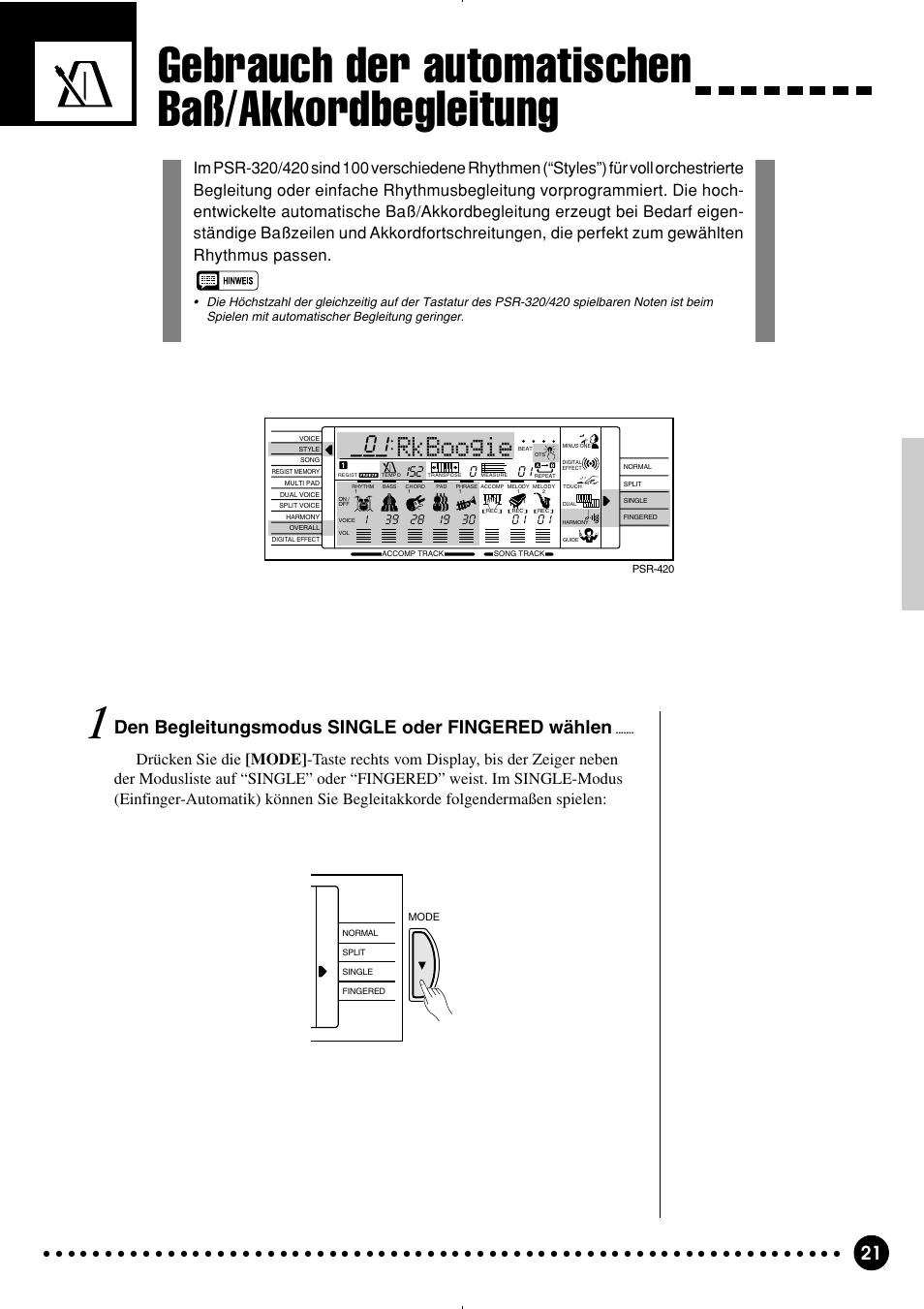 Gebrauch der automatischen baß/akkordbegleitung, Rkboogie, Den begleitungsmodus single oder fingered wählen | Yamaha PSR-320 User Manual | Page 23 / 75