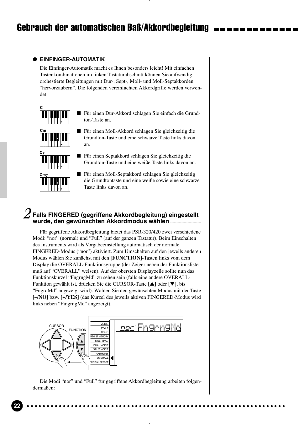 Gebrauch der automatischen baß/akkordbegleitung, Fngrngmd | Yamaha PSR-320 User Manual | Page 24 / 75