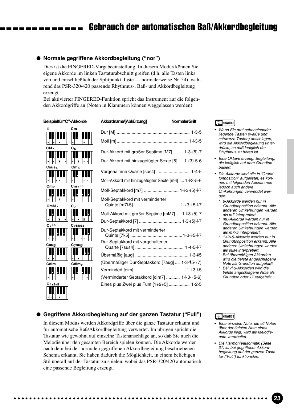 Gebrauch der automatischen baß/akkordbegleitung, Normale gegriffene akkordbegleitung (“nor”) | Yamaha PSR-320 User Manual | Page 25 / 75