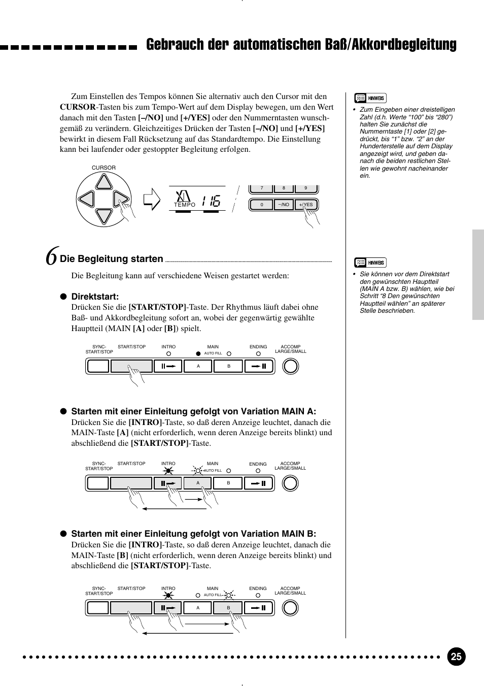 Gebrauch der automatischen baß/akkordbegleitung, Die begleitung starten, Direktstart | Yamaha PSR-320 User Manual | Page 27 / 75