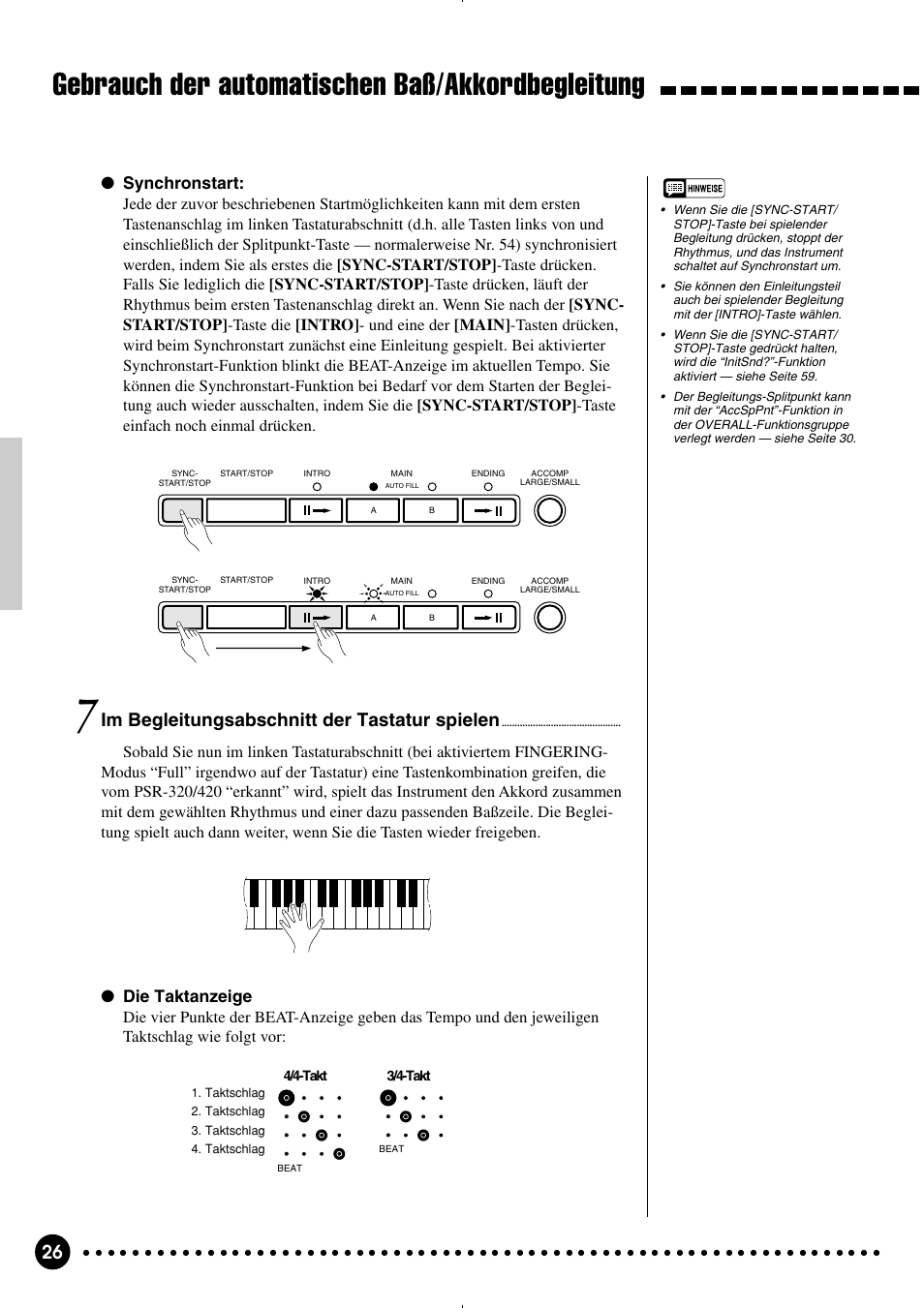 Gebrauch der automatischen baß/akkordbegleitung, Im begleitungsabschnitt der tastatur spielen, Synchronstart | Die taktanzeige | Yamaha PSR-320 User Manual | Page 28 / 75