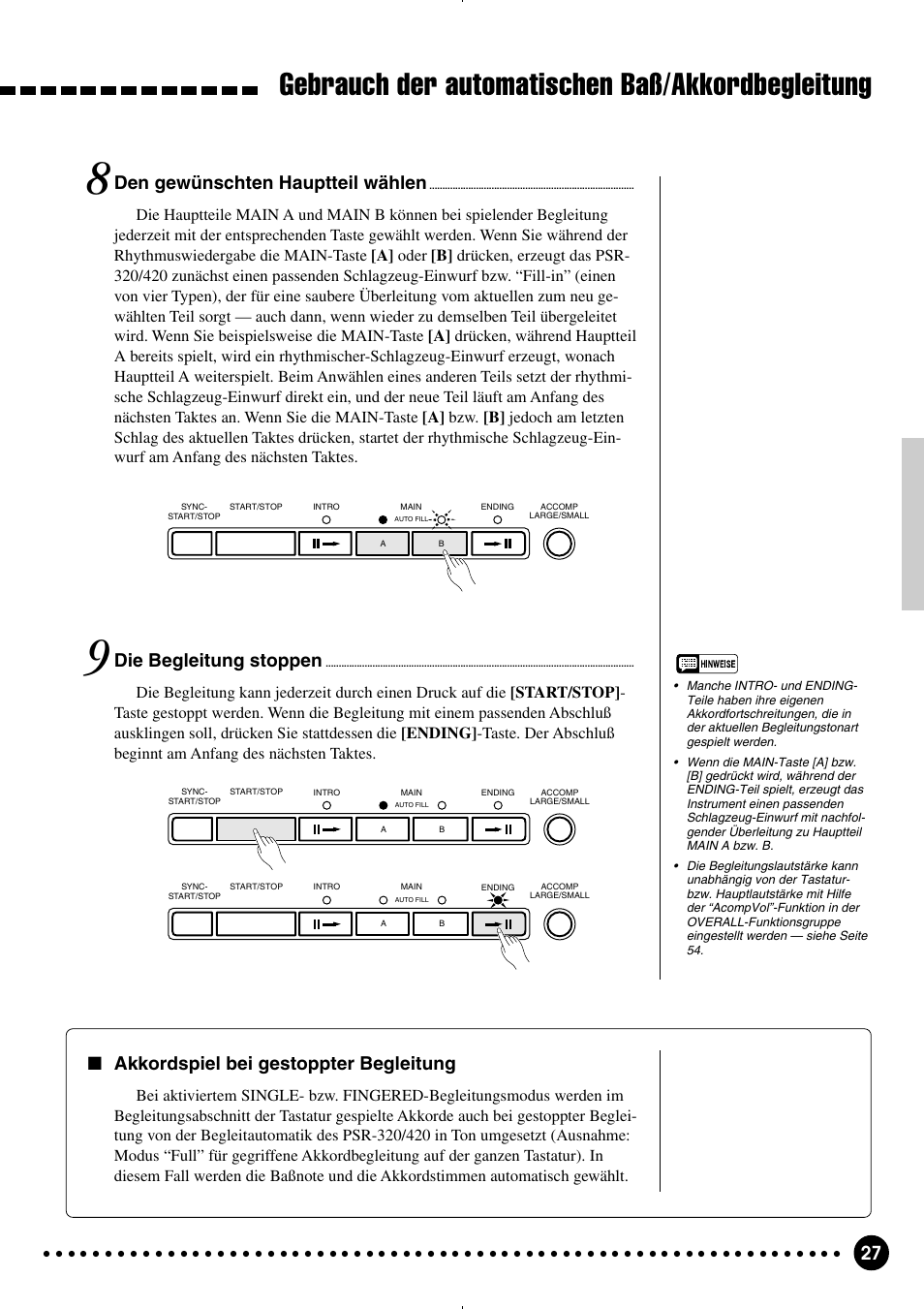 Gebrauch der automatischen baß/akkordbegleitung, Den gewünschten hauptteil wählen, Die begleitung stoppen | Akkordspiel bei gestoppter begleitung | Yamaha PSR-320 User Manual | Page 29 / 75