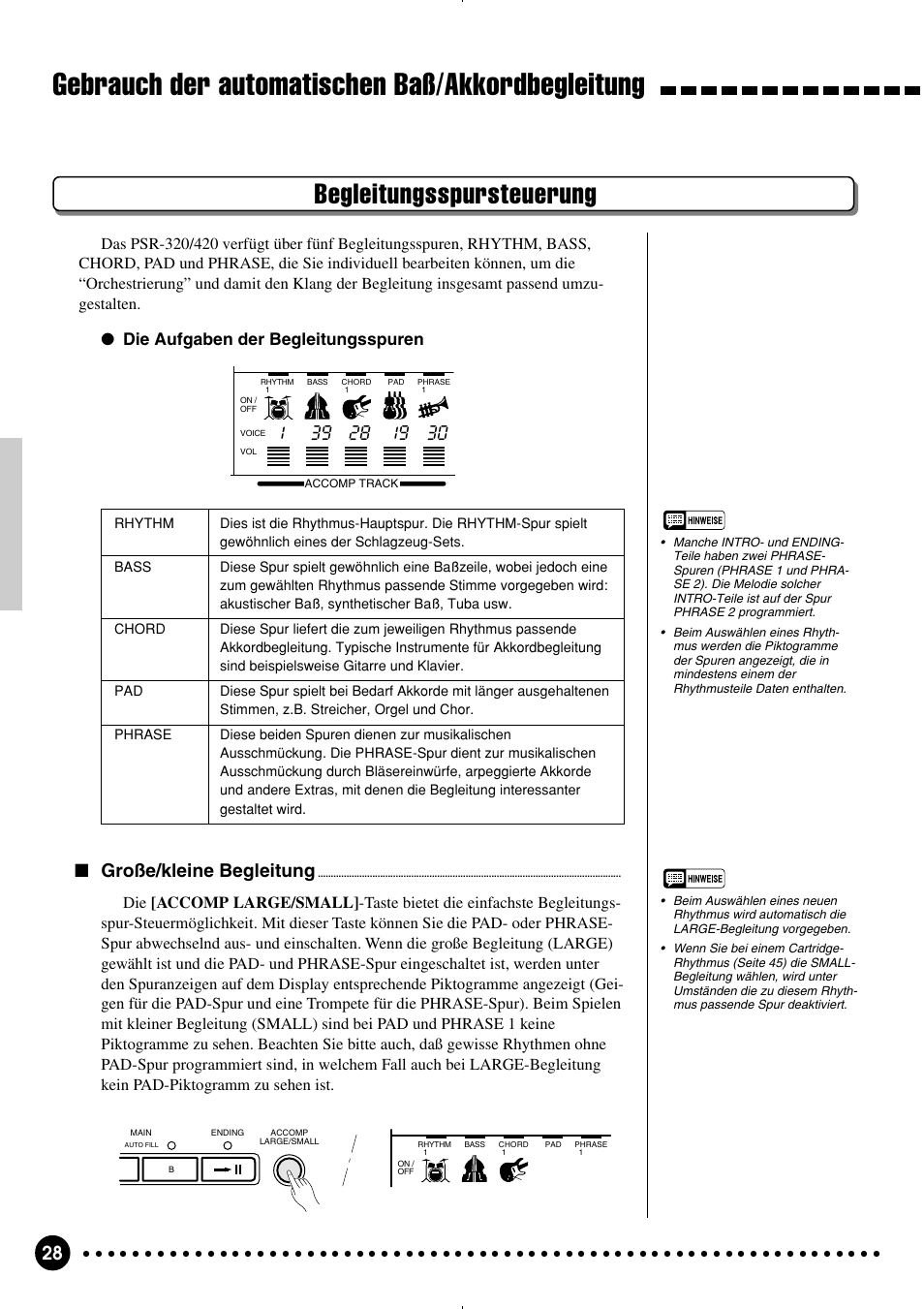 Gebrauch der automatischen baß/akkordbegleitung, Begleitungsspursteuerung, Große/kleine begleitung | Die aufgaben der begleitungsspuren | Yamaha PSR-320 User Manual | Page 30 / 75