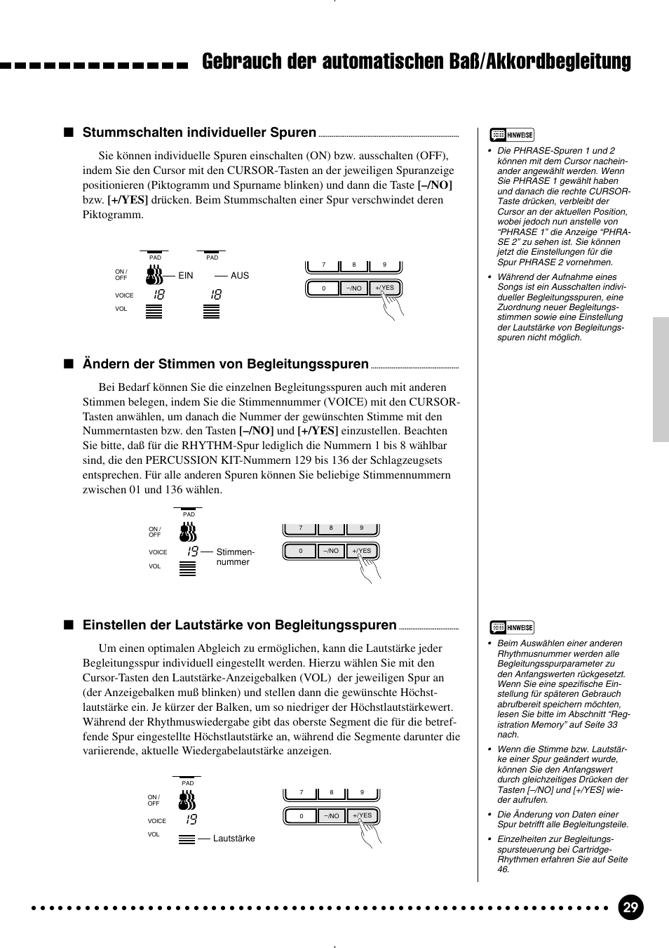 Gebrauch der automatischen baß/akkordbegleitung, Stummschalten individueller spuren, Ändern der stimmen von begleitungsspuren | Einstellen der lautstärke von begleitungsspuren | Yamaha PSR-320 User Manual | Page 31 / 75