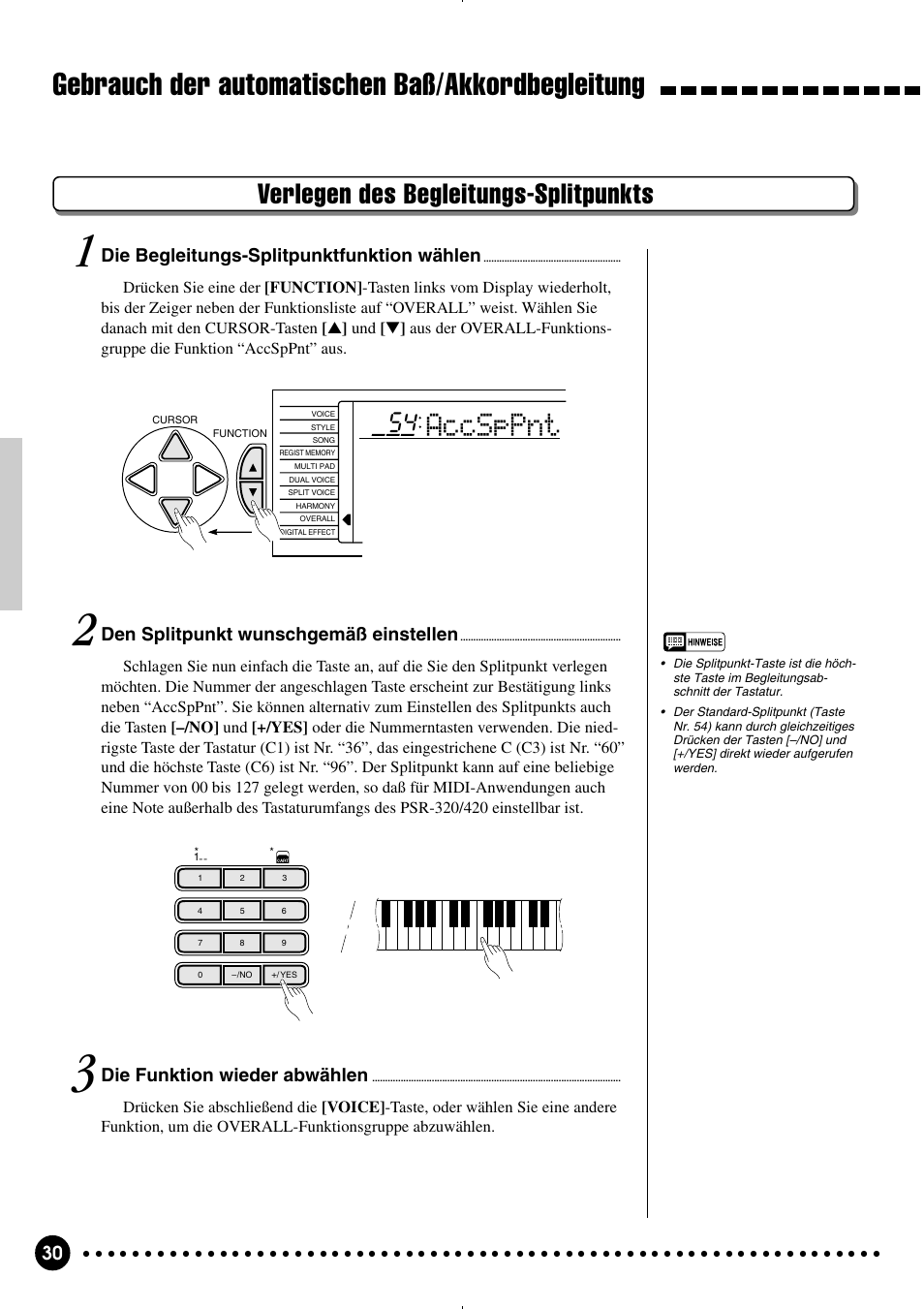 Gebrauch der automatischen baß/akkordbegleitung, Accsppnt, Verlegen des begleitungs-splitpunkts | Den splitpunkt wunschgemäß einstellen, Die funktion wieder abwählen, Die begleitungs-splitpunktfunktion wählen | Yamaha PSR-320 User Manual | Page 32 / 75