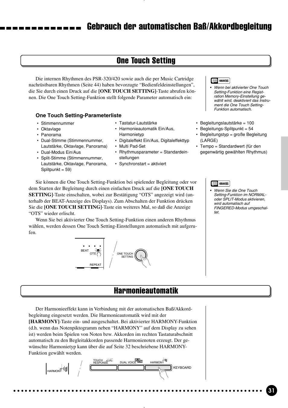 Gebrauch der automatischen baß/akkordbegleitung, One touch setting, Harmonieautomatik | Yamaha PSR-320 User Manual | Page 33 / 75