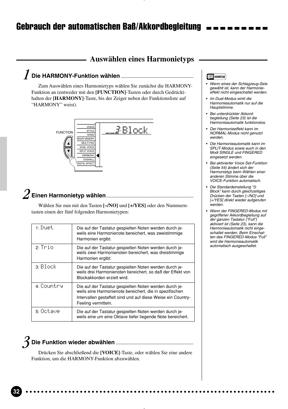 Gebrauch der automatischen baß/akkordbegleitung, Block, Auswählen eines harmonietyps | Yamaha PSR-320 User Manual | Page 34 / 75