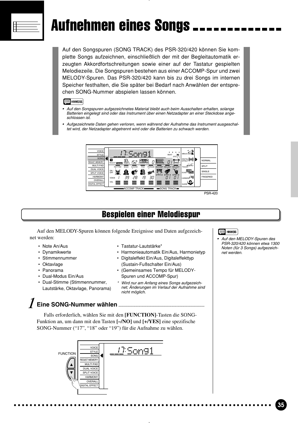 Aufnehmen eines songs, Song1, Bespielen einer melodiespur | Eine song-nummer wählen | Yamaha PSR-320 User Manual | Page 37 / 75