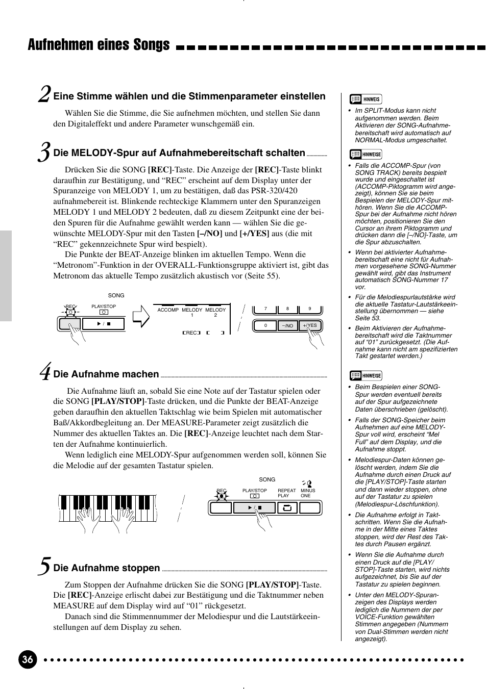 Aufnehmen eines songs, Die melody-spur auf aufnahmebereitschaft schalten, Die aufnahme stoppen | Die aufnahme machen | Yamaha PSR-320 User Manual | Page 38 / 75