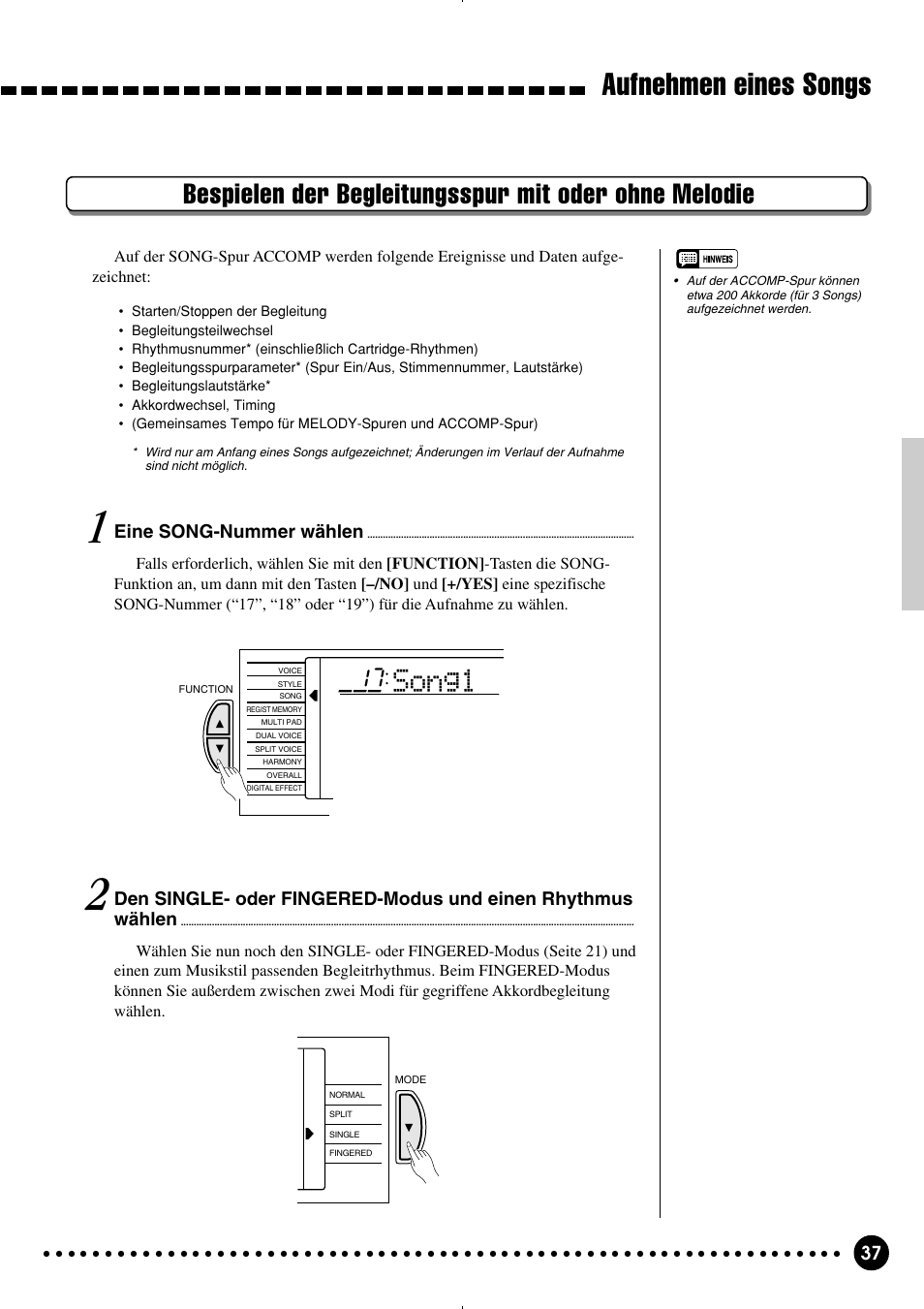 Aufnehmen eines songs, Song1, Eine song-nummer wählen | Yamaha PSR-320 User Manual | Page 39 / 75