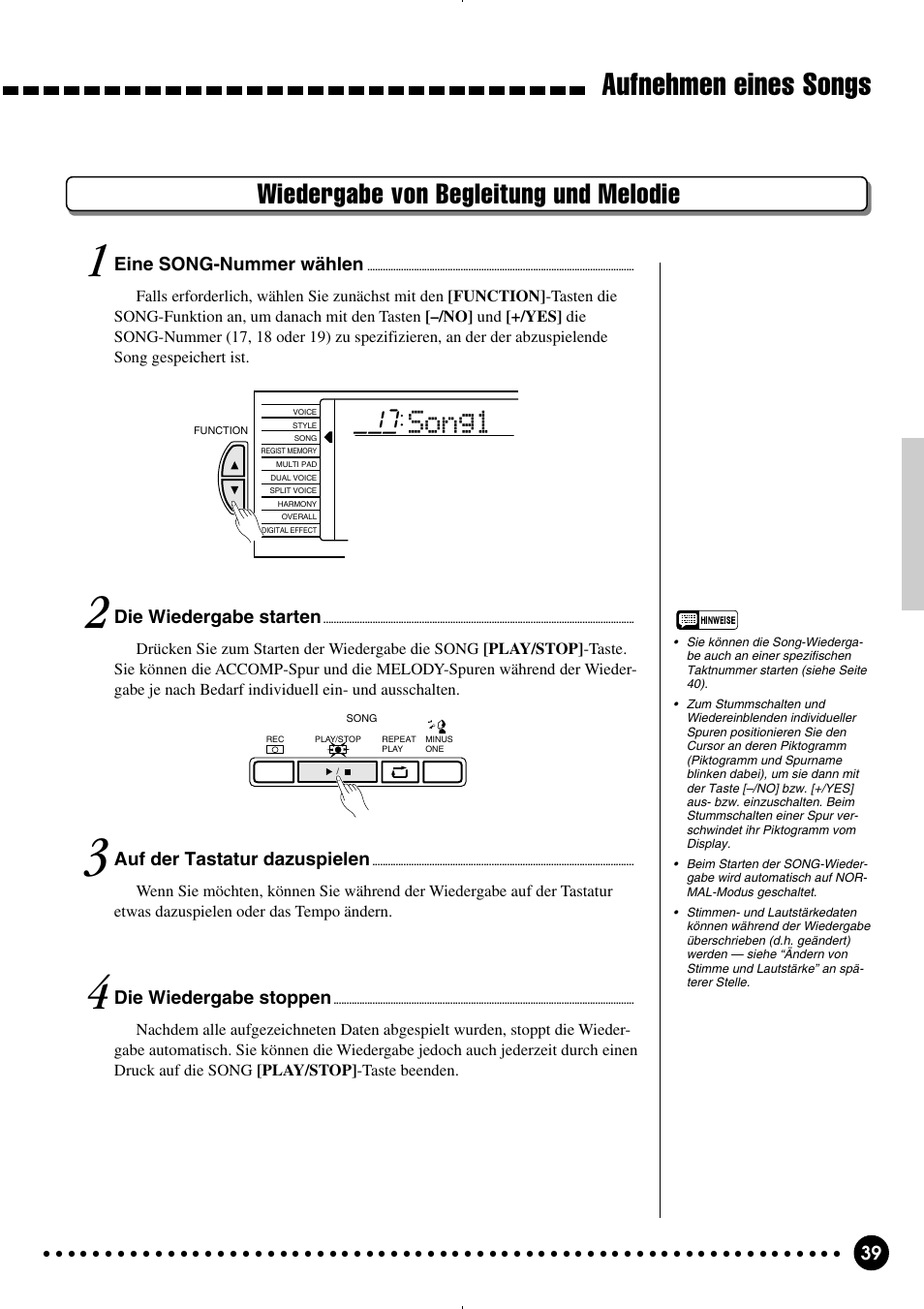 Aufnehmen eines songs, Song1, Wiedergabe von begleitung und melodie | Yamaha PSR-320 User Manual | Page 41 / 75