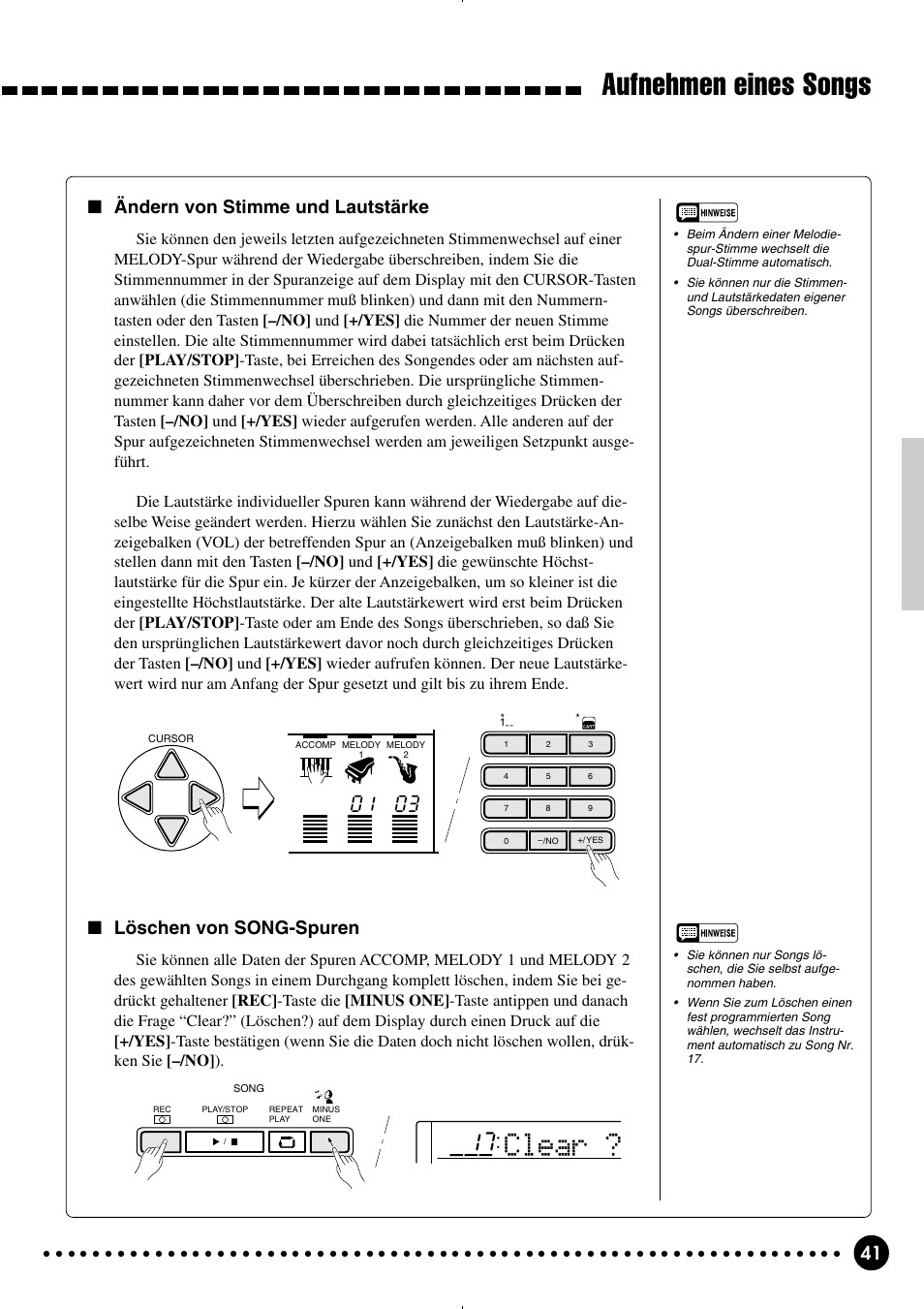 Aufnehmen eines songs, Clear, Ändern von stimme und lautstärke | Löschen von song-spuren | Yamaha PSR-320 User Manual | Page 43 / 75