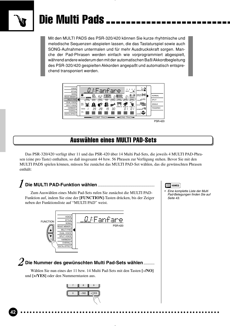 Die multi pads, Auswählen eines multi pad-sets, Fanfare | Die multi pad-funktion wählen, Die nummer des gewünschten multi pad-sets wählen | Yamaha PSR-320 User Manual | Page 44 / 75