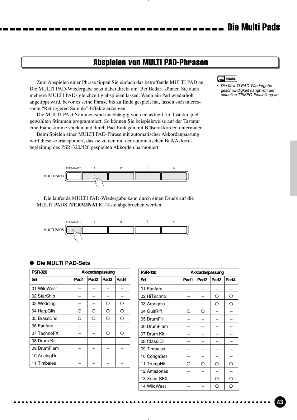 Die multi pads, Abspielen von multi pad-phrasen | Yamaha PSR-320 User Manual | Page 45 / 75