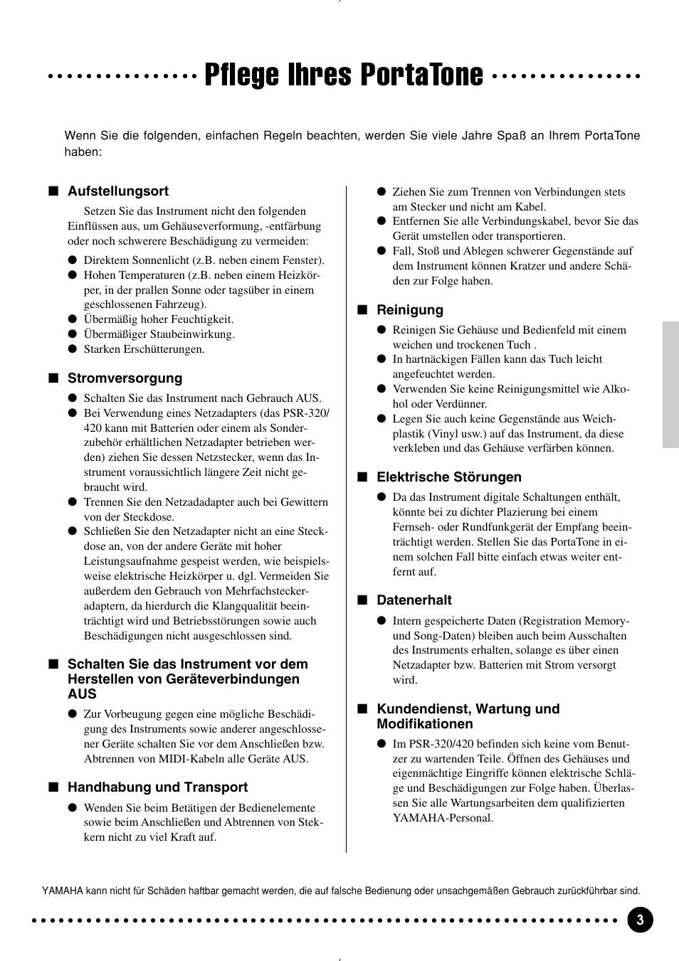 Pflege ihres portatone | Yamaha PSR-320 User Manual | Page 5 / 75