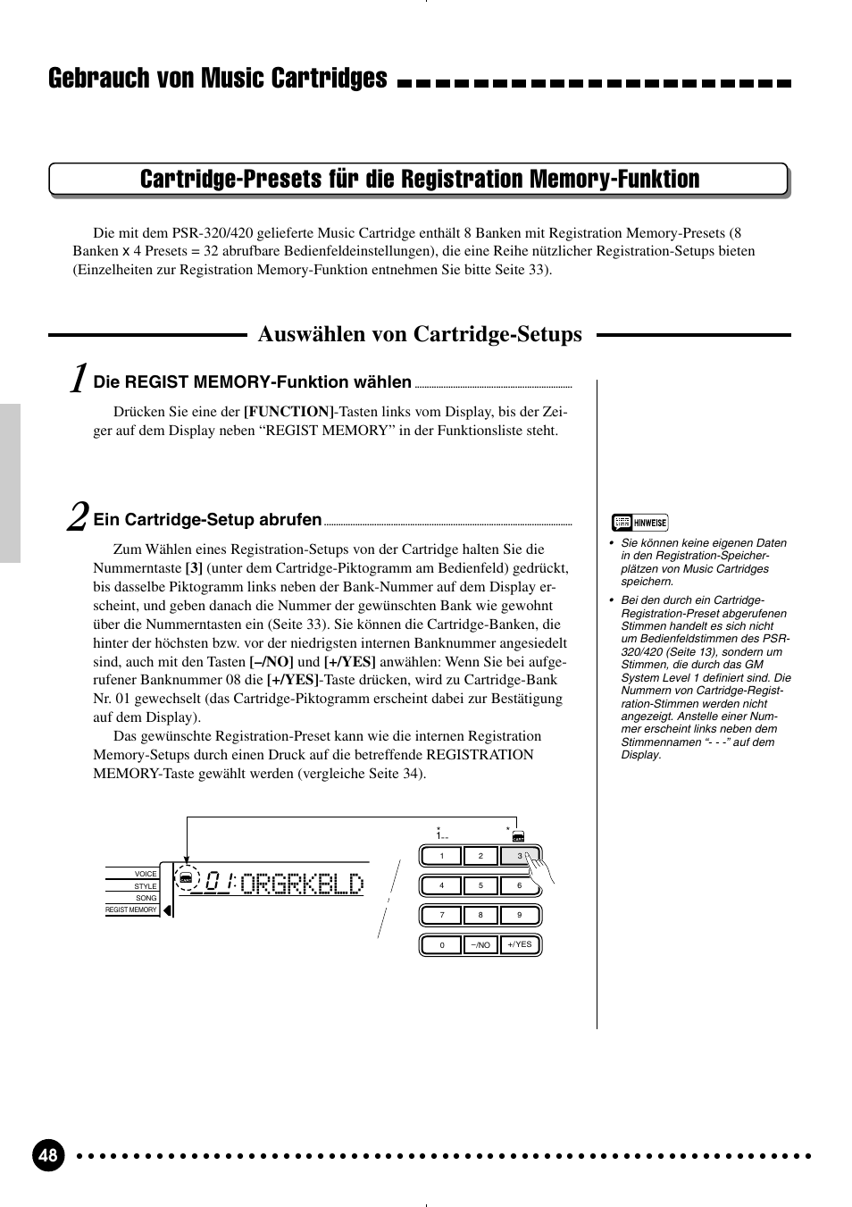 Gebrauch von music cartridges, Orgrkbld, Auswählen von cartridge-setups | Ein cartridge-setup abrufen | Yamaha PSR-320 User Manual | Page 50 / 75