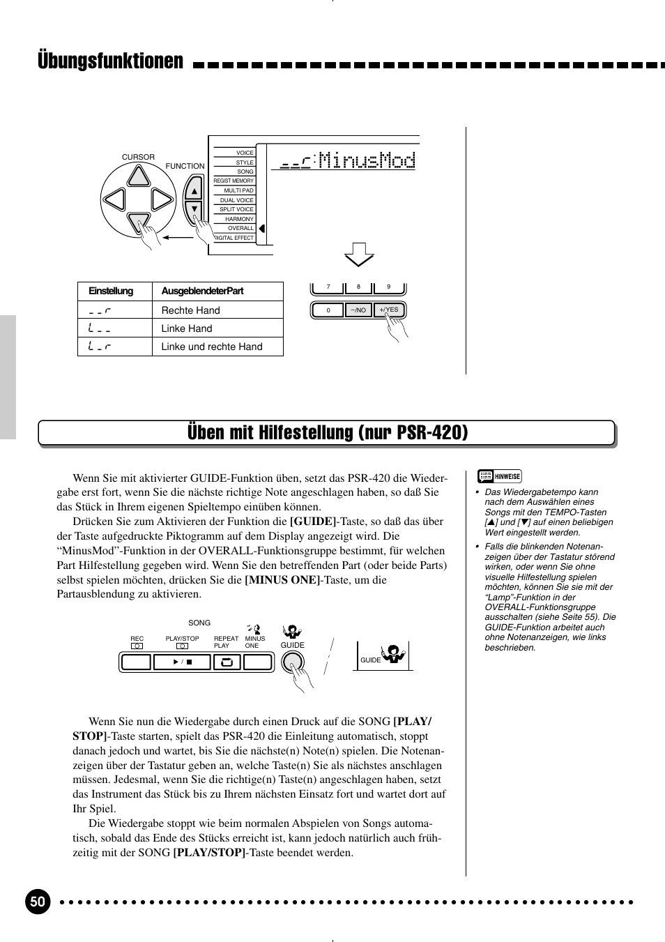 Übungsfunktionen, Minusmod, Üben mit hilfestellung (nur psr-420) | Yamaha PSR-320 User Manual | Page 52 / 75