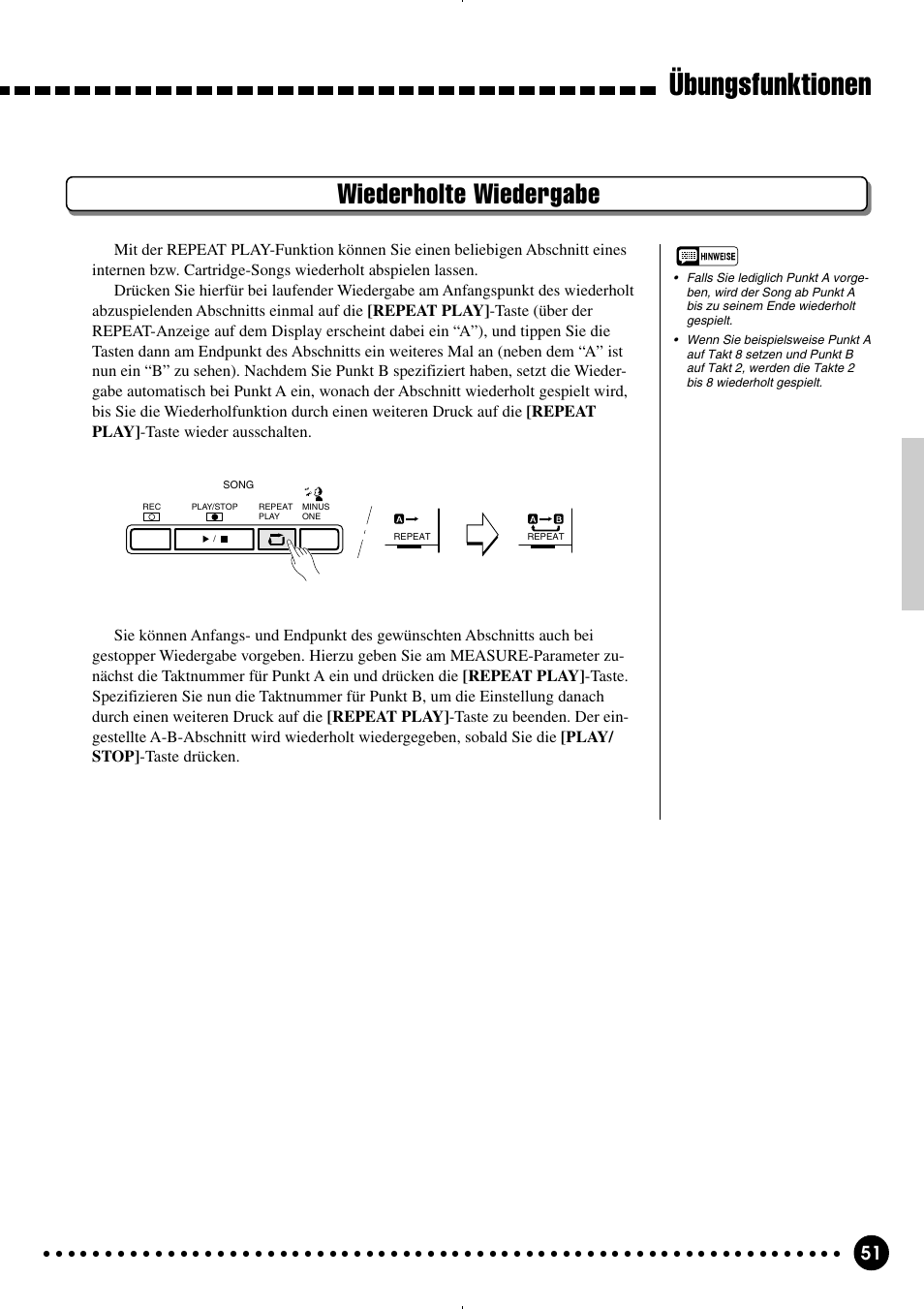 Übungsfunktionen, Wiederholte wiedergabe | Yamaha PSR-320 User Manual | Page 53 / 75