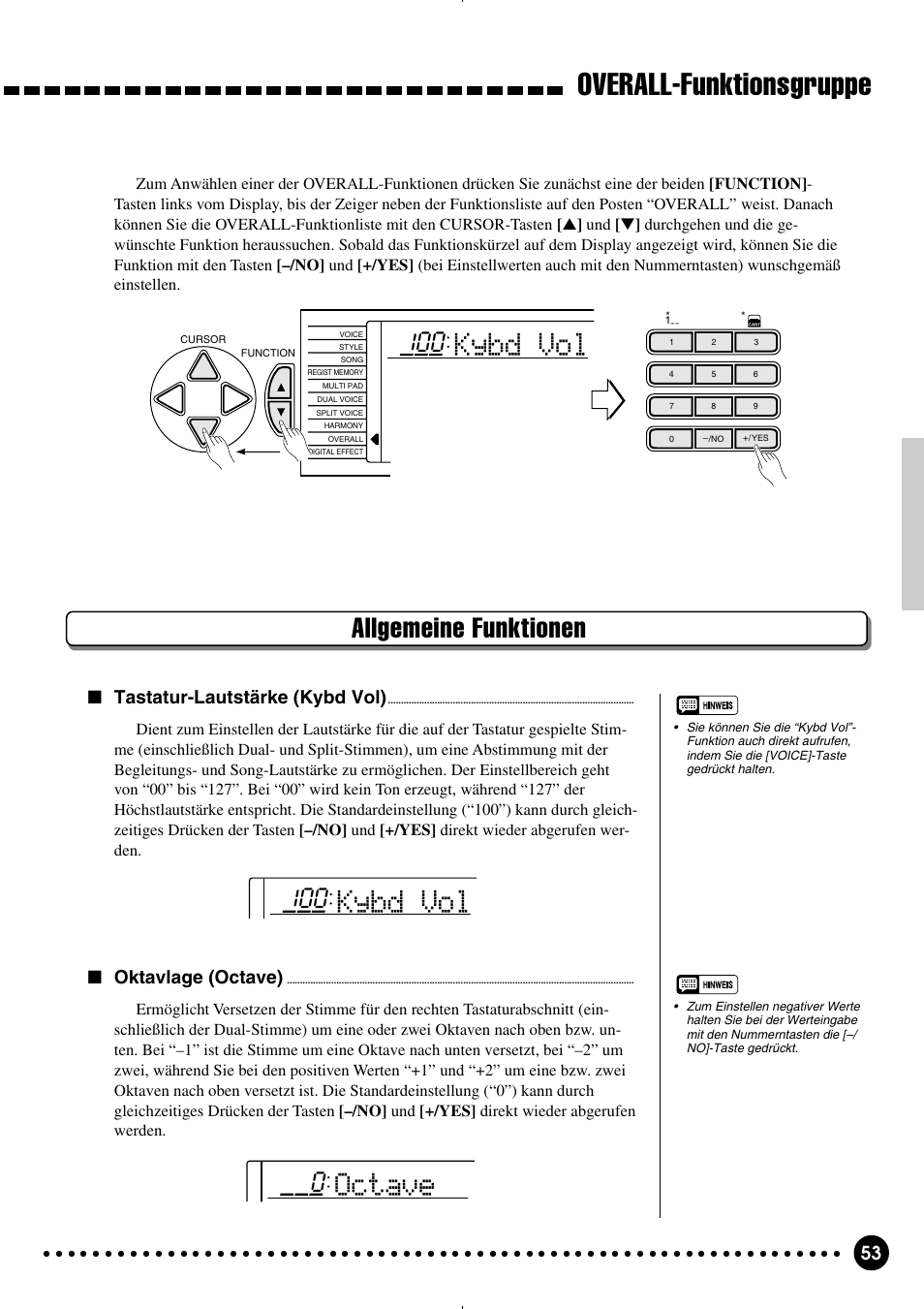 Overall-funktionsgruppe, Kybd vol, Octave | Allgemeine funktionen, Tastatur-lautstärke (kybd vol), Oktavlage (octave) | Yamaha PSR-320 User Manual | Page 55 / 75