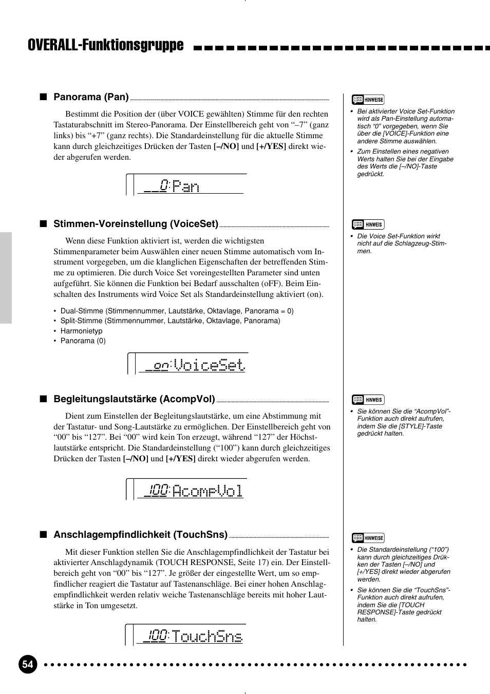 Overall-funktionsgruppe, Touchsns, Acompvol | Voiceset | Yamaha PSR-320 User Manual | Page 56 / 75