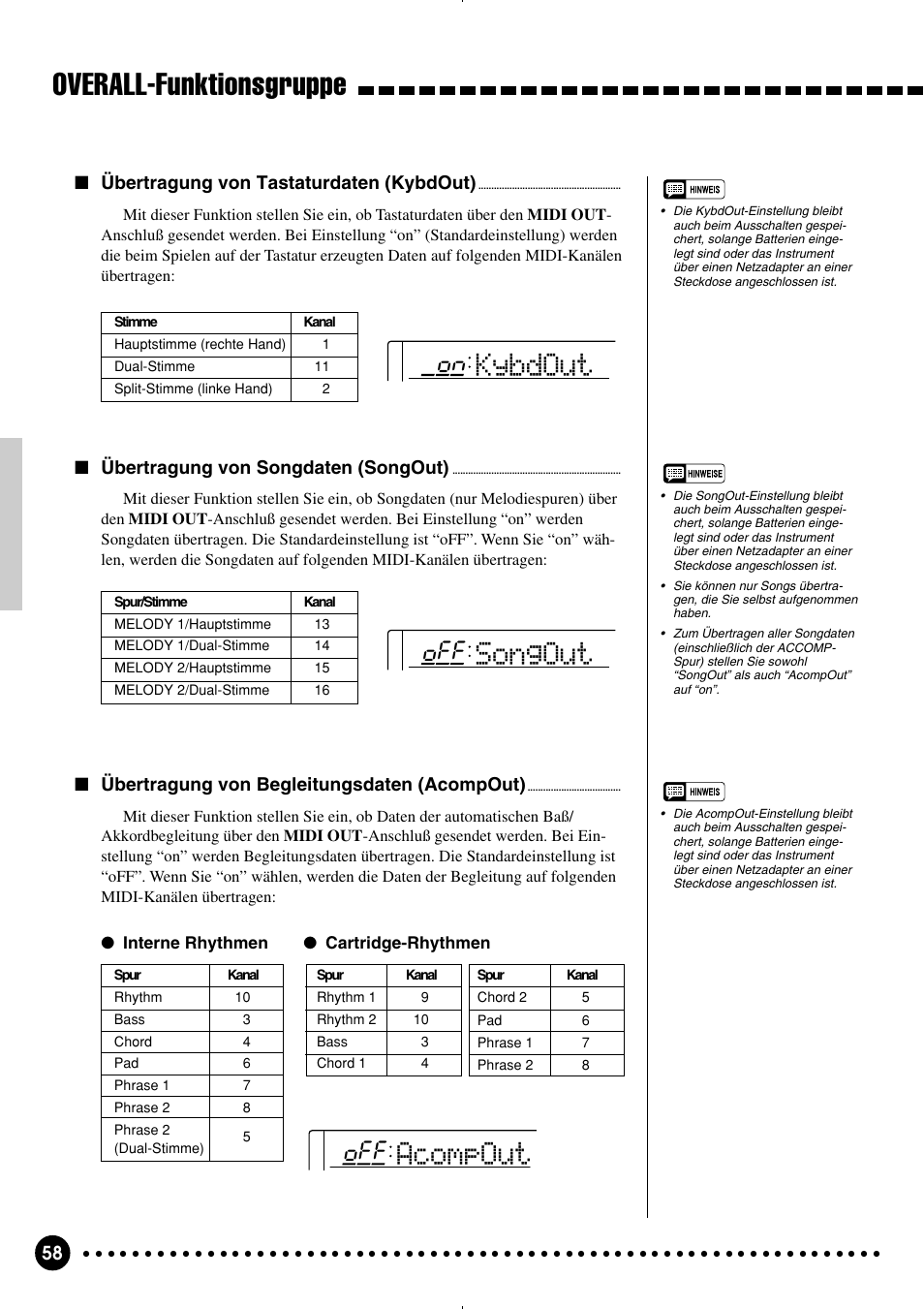 Overall-funktionsgruppe, Kybdout, Songout | Acompout, Übertragung von tastaturdaten (kybdout), Übertragung von begleitungsdaten (acompout), Übertragung von songdaten (songout) | Yamaha PSR-320 User Manual | Page 60 / 75