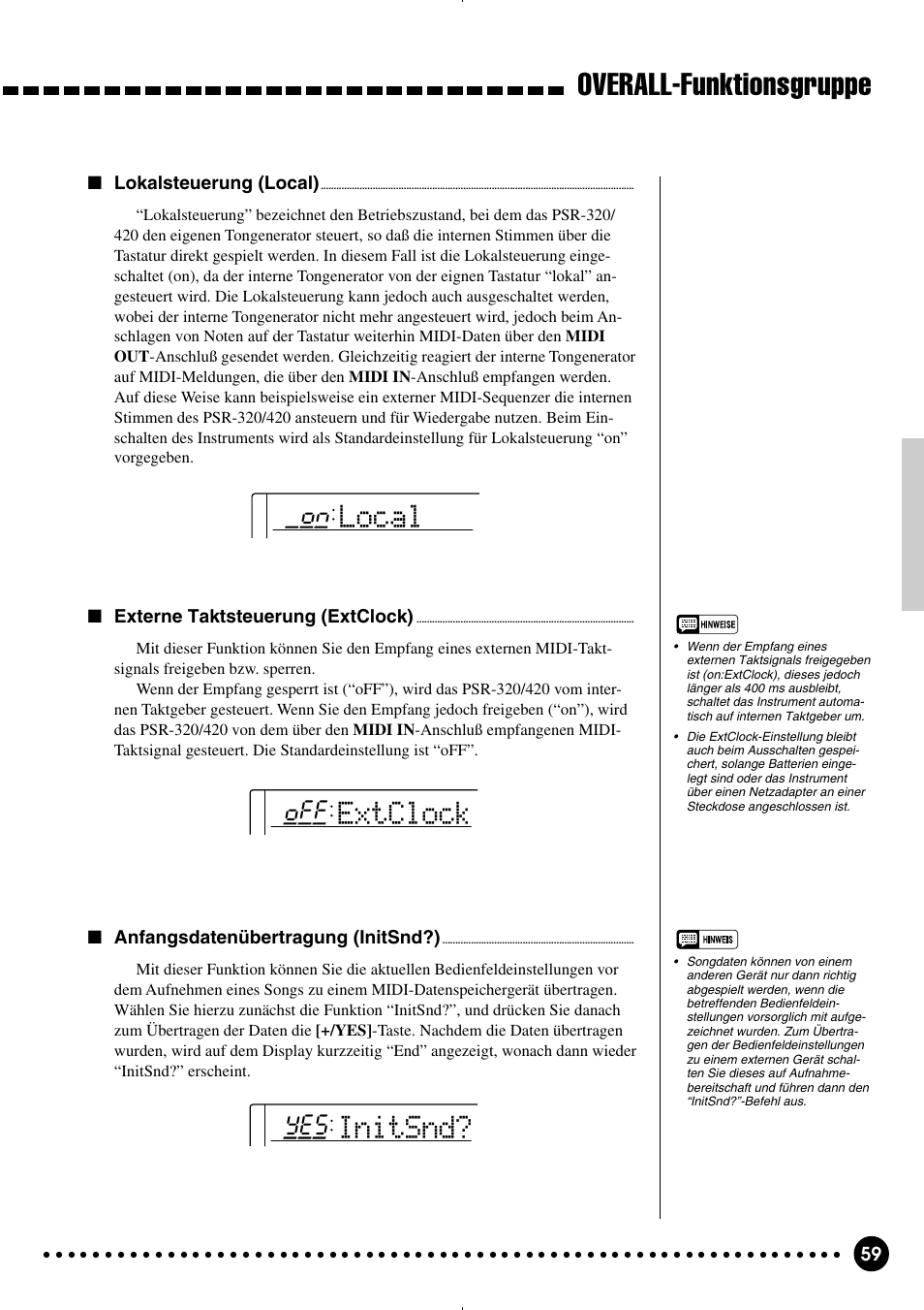 Overall-funktionsgruppe, Local, Extclock | Initsnd | Yamaha PSR-320 User Manual | Page 61 / 75