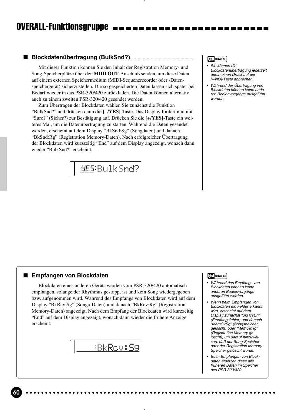 Overall-funktionsgruppe, Bulksnd, Bkrcv:sg | Yamaha PSR-320 User Manual | Page 62 / 75