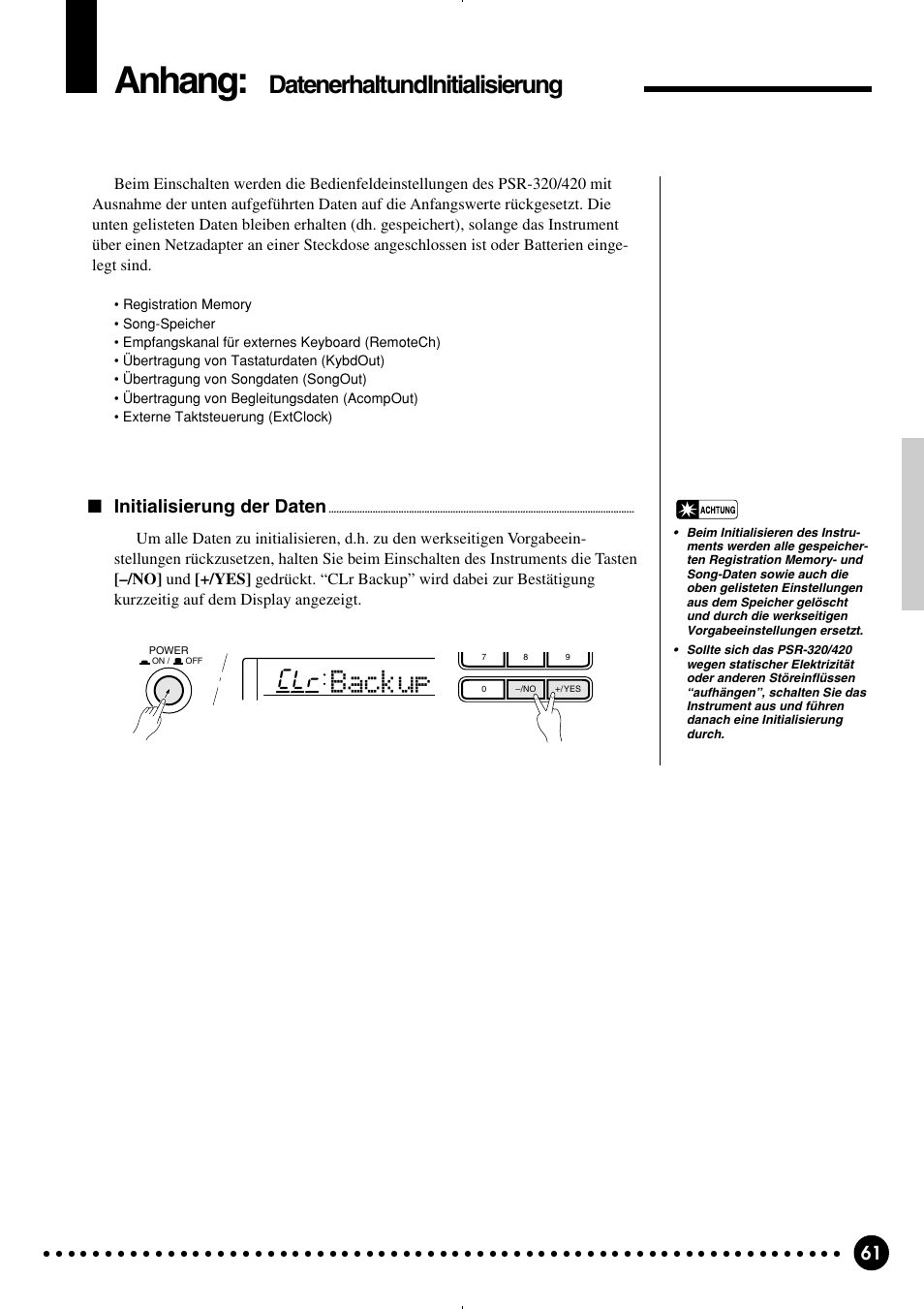 Anhang, Backup, Datenerhalt und initialisierung | Initialisierung der daten | Yamaha PSR-320 User Manual | Page 63 / 75