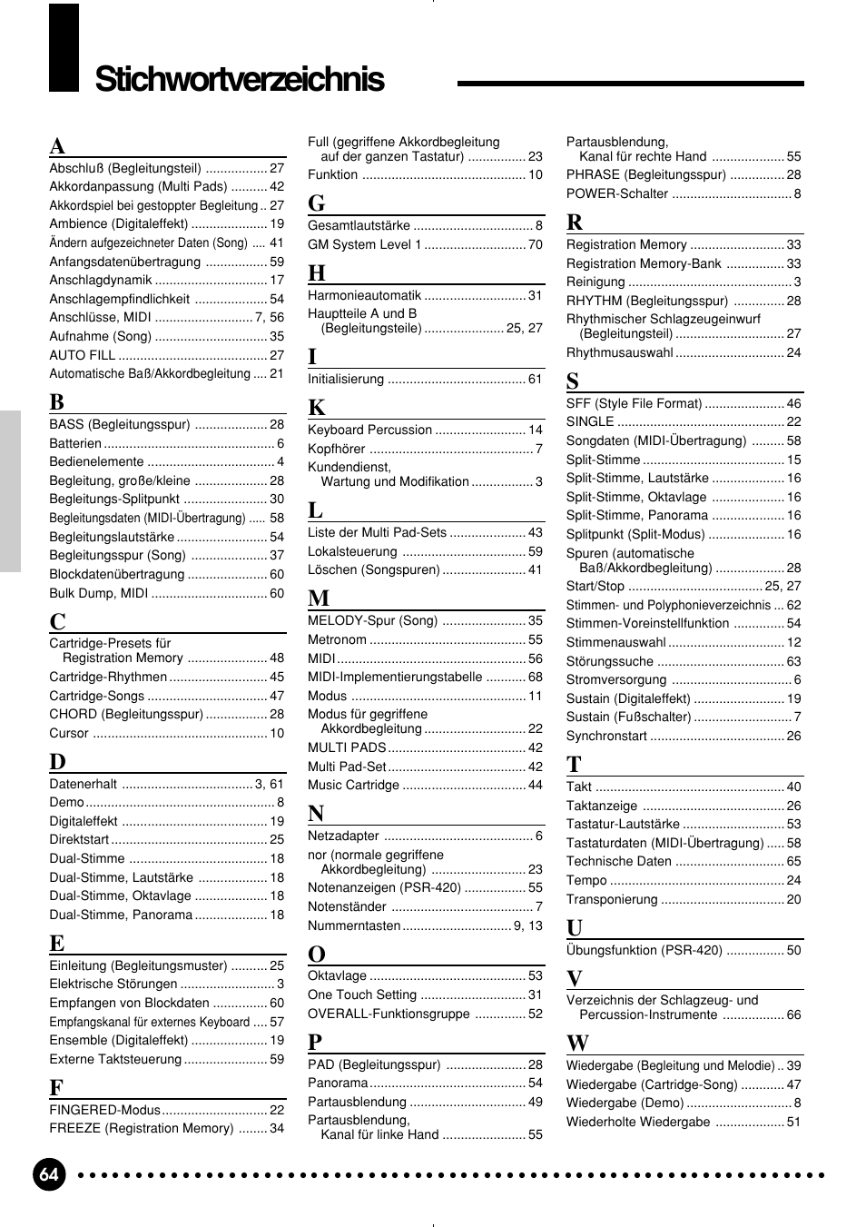 Stichwortverzeichnis | Yamaha PSR-320 User Manual | Page 66 / 75