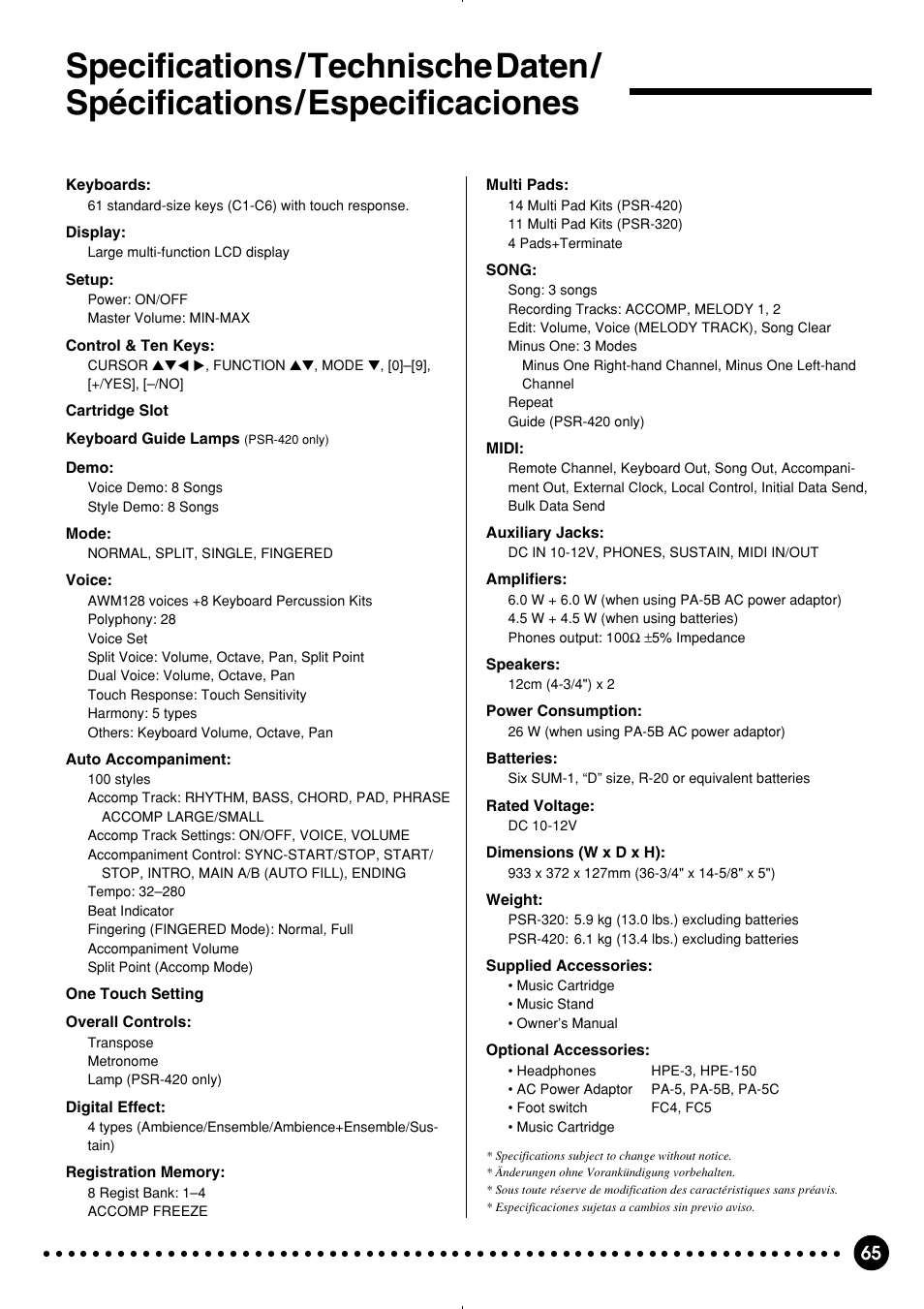 Yamaha PSR-320 User Manual | Page 67 / 75
